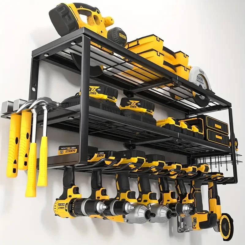 E-shop Strapazierfähiges 4-stufiges Metall-Werkzeug-Organisationsregal, wandmontierte Garagenaufbewahrung, schwarz lackiertes Finish, mit 7
