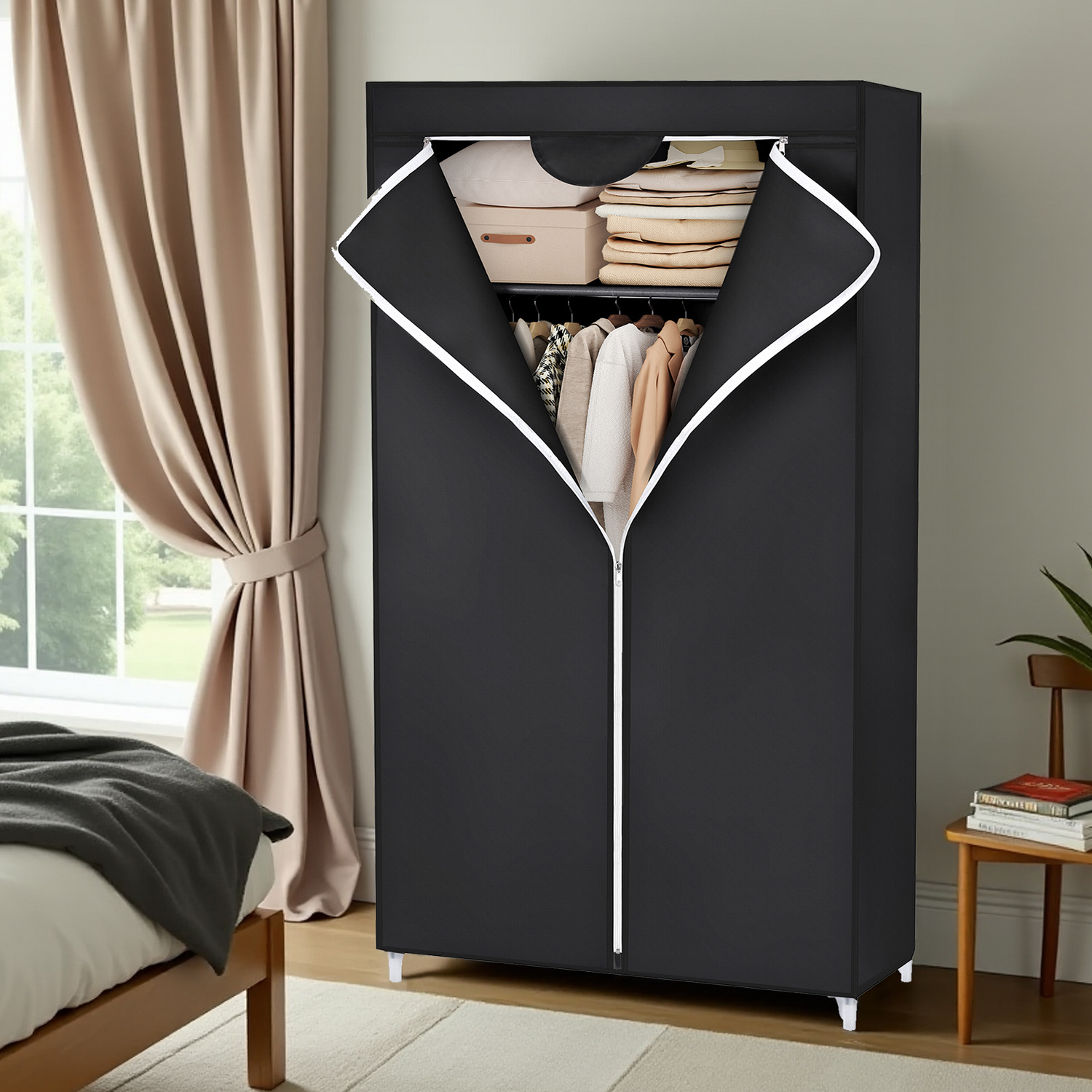 Image of Wardrobe, Fabric Wardrobe, Folding Wardrobe With Clothes Rail, Clothes Stand, Storage For Bags, Toys, Shoes, 75 X 45 X 160 Cm, Black