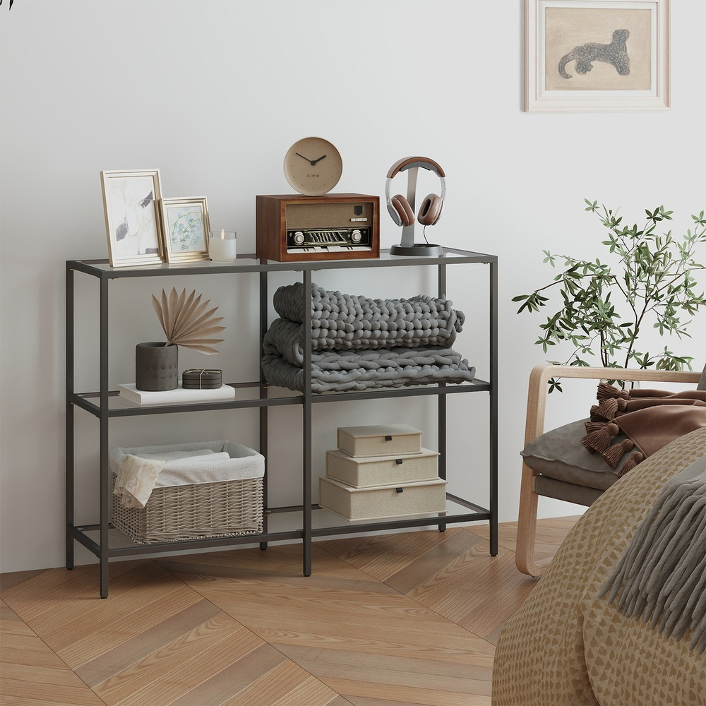 Side Table, Storage Shelf, 3 Tempered Glass Shelves, Nightstand, 30 X 100 X 73 Cm, Metal Frame, Modern, Black-transparent