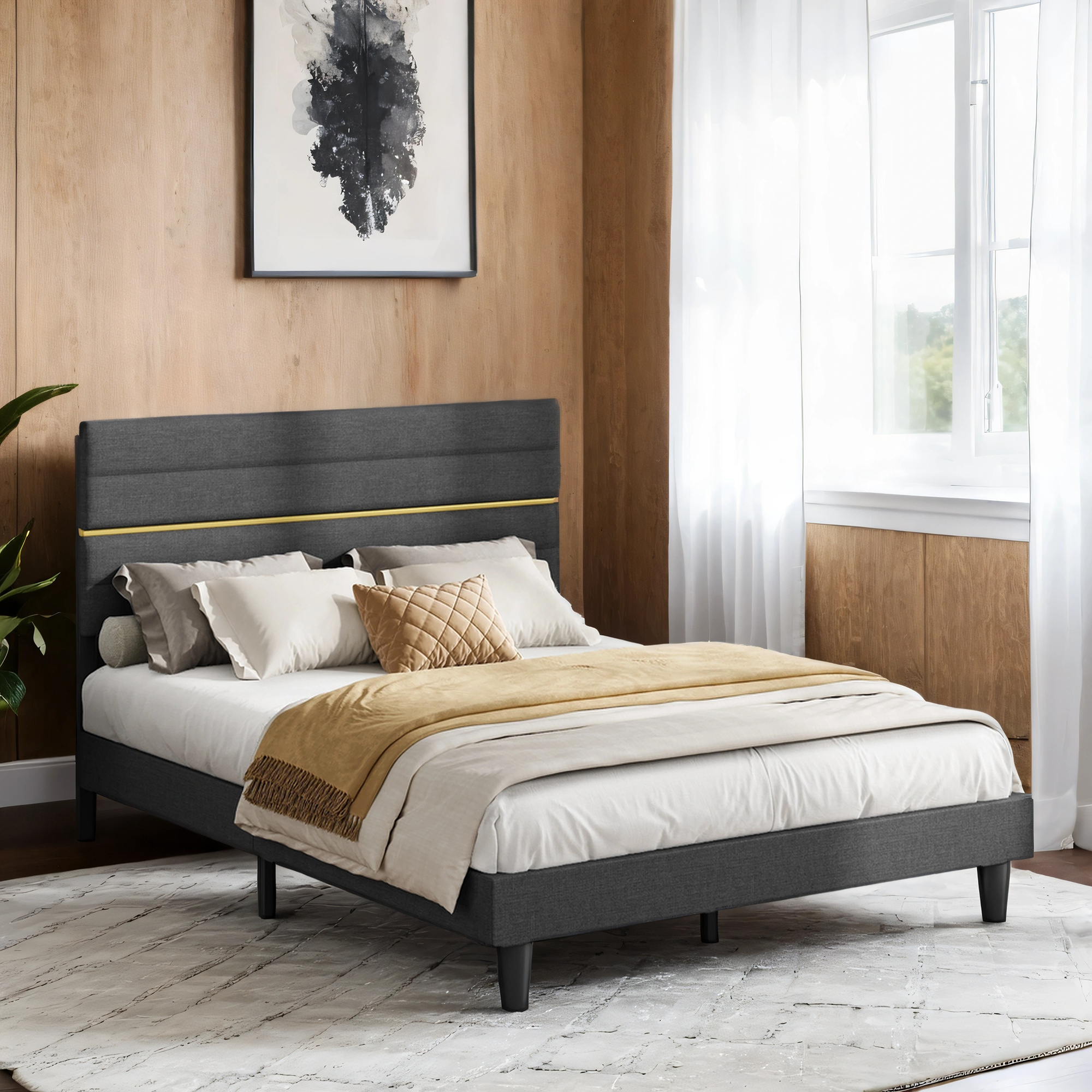 Image of Adjustable Upholstered Headboard, Modern Double Bed Frame, Bed Frame, Contemporary Style, For Mattresses With Dimensions 140 X 200 Cm, Metal, Solid Wood (mattress Not Included), For Bedroom.