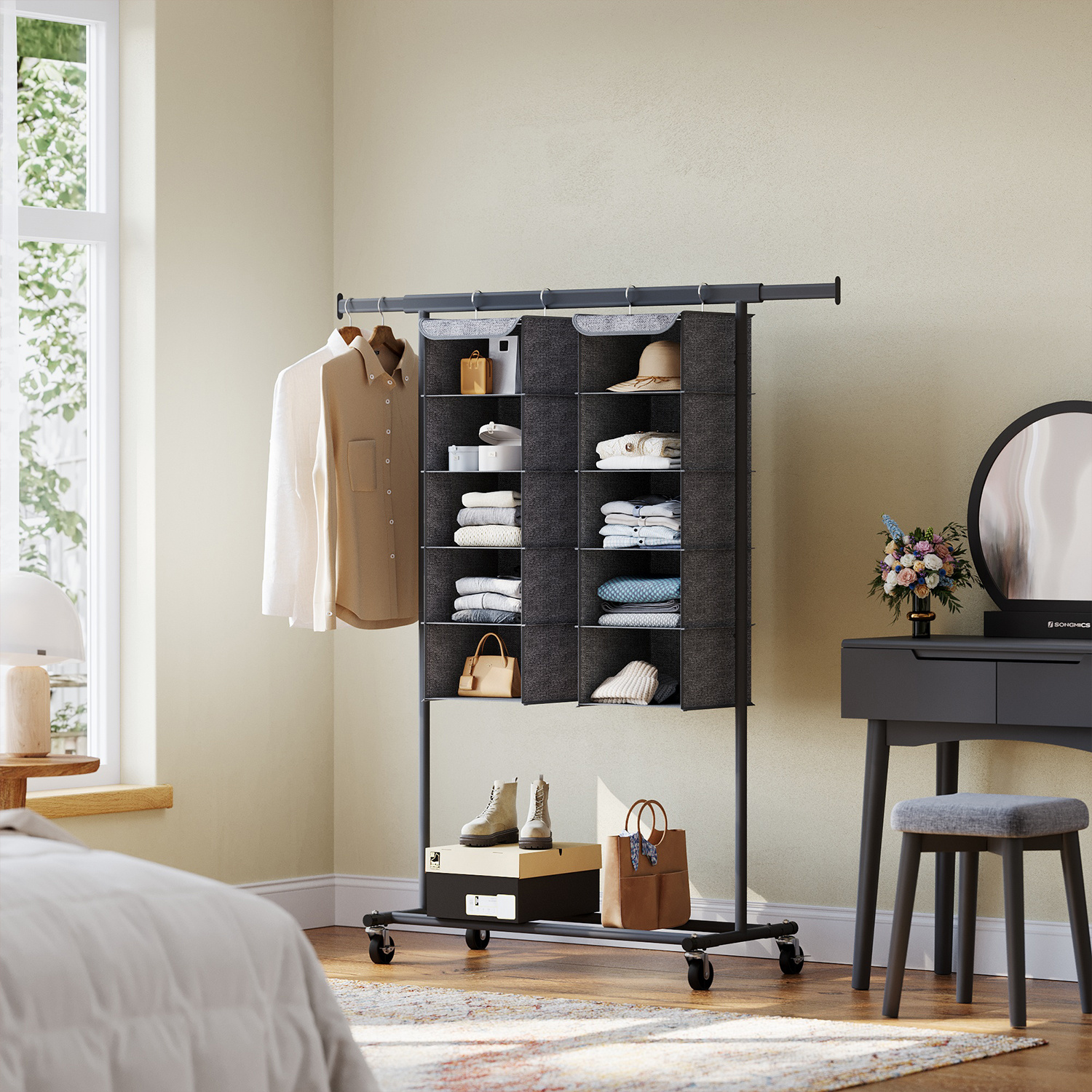 Hanging Organizer, 2/1 Set, Closet Organizer, Hanging Shelf, Foldable And Space-, Metal Hooks And Bamboo Inserts, Texture