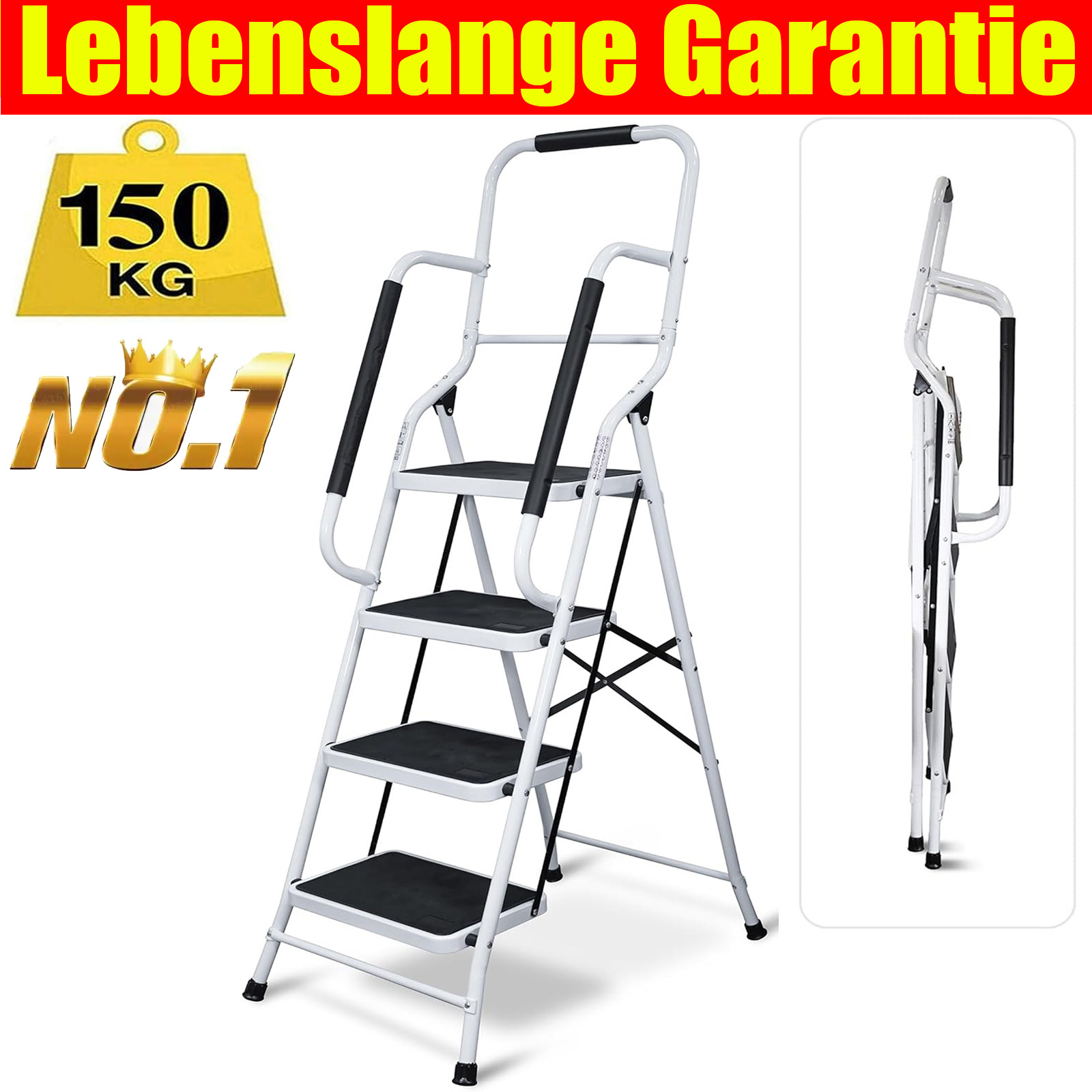 E-shop Klappbare 4-Stufen-Leiter mit Doppel-Handläufen, Platzsparend, Extra Breite Gummistufen, Rutschfeste Gummi-Füße, Robuster Stahl für Heim-DIY,