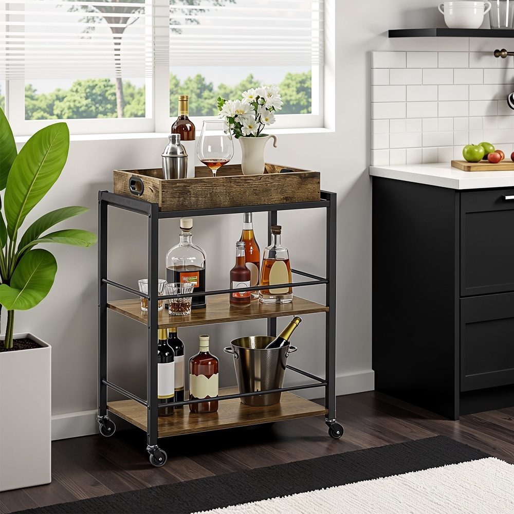Image of Industrial Serving Cart – Kitchen Cart With Removable Tray, Adjustable Feet And Wheels, – 65 X 40 X 86 Cm, Brown Rustic-black