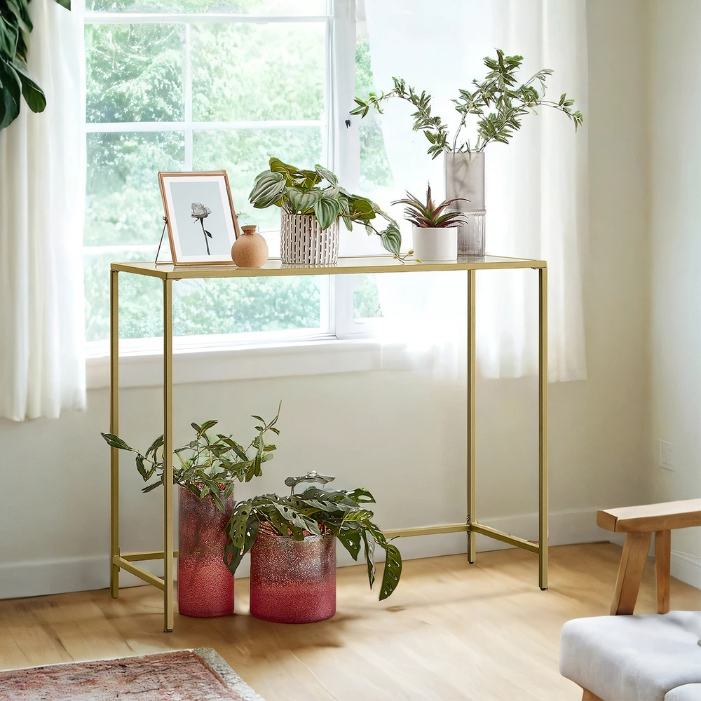 Image of Side Table Made Of Tempered Glass, Console Table, Coffee Table, With Adjustable Feet, Living Room, Hallway, Golden-transparent.