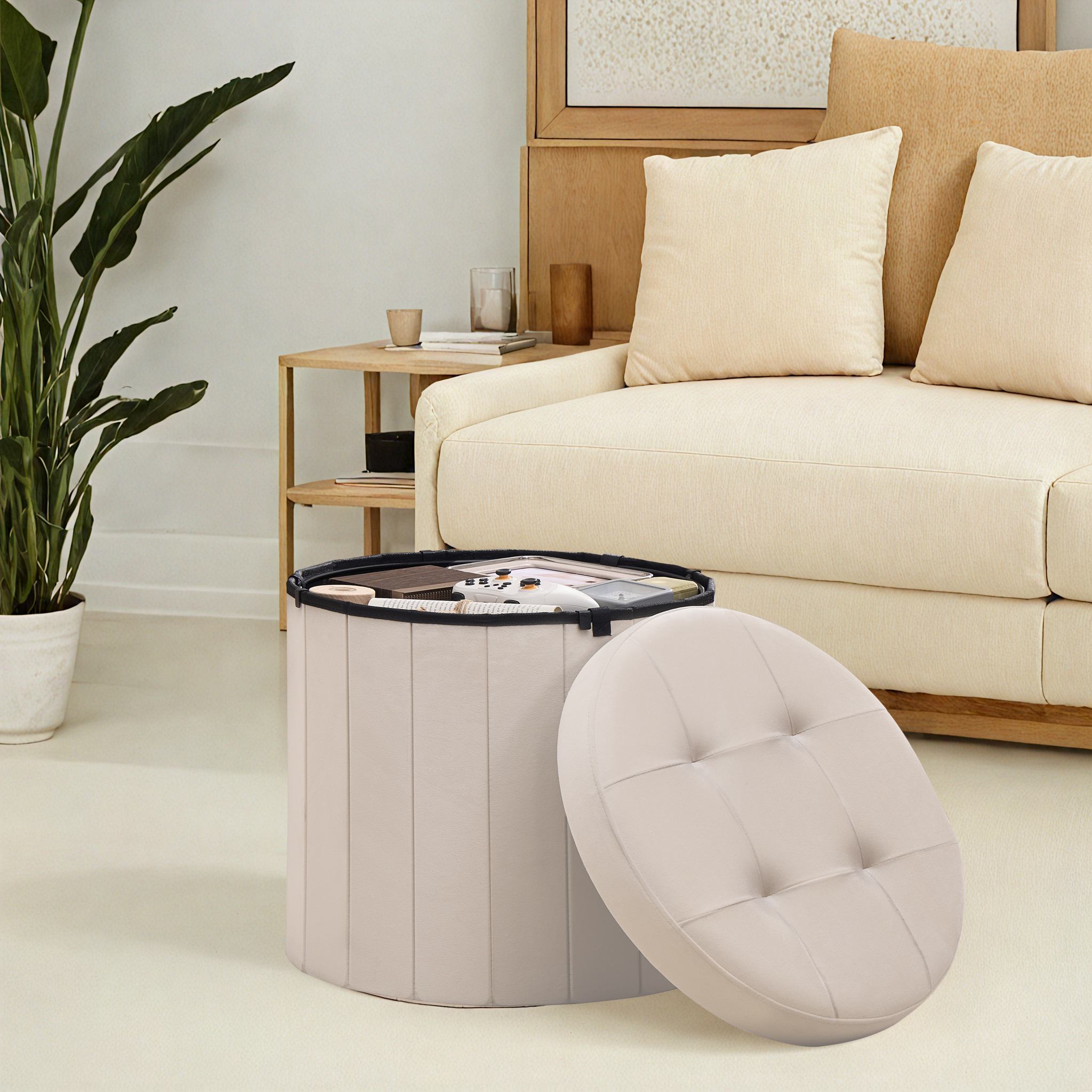 Image of Foldable Storage Stool, Clothes Stool, Round, With Lid And Footrest, Suitable For , Bedrooms, And Living Rooms, In Cappuccino Color, Latte Brown