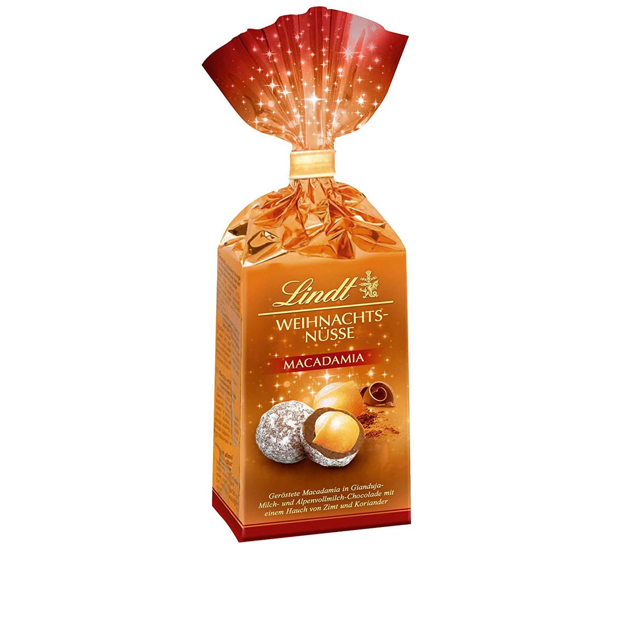 Image of Lindt Christmas Macadamia Nuts In Whole Milk Chocolate 100g
