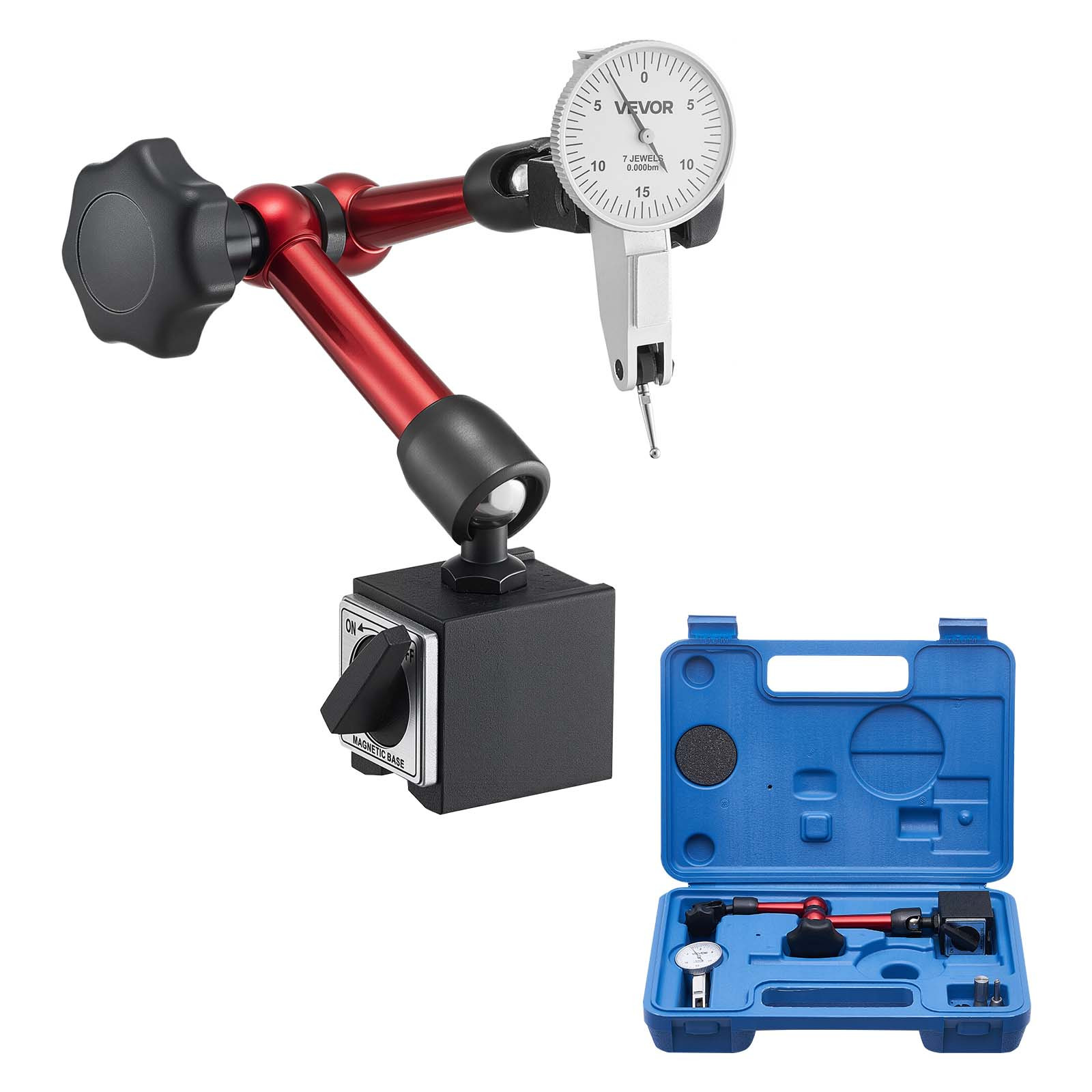 Image of Vevor Dial Test Indicator With Universal Magnetic Base And Storage Case, 0.01 Mm Accuracy, 0-0.76 Mm Range, Micro Ball Handle For Narrow Area Measurement, Industrial Machining & Inspection
