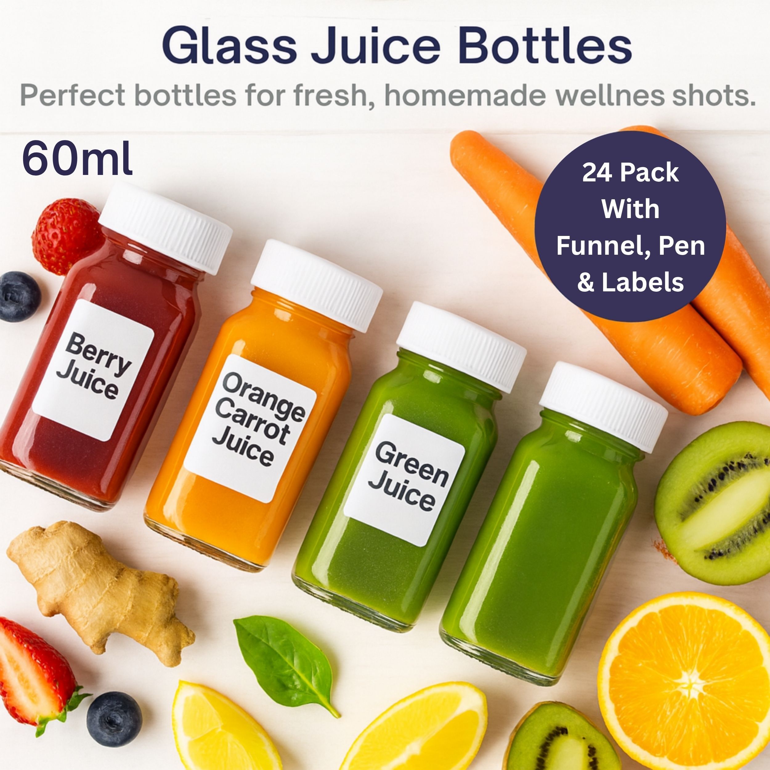 TEMU 24pcs Glass Juice Bottles - Reusable Transparent Travel Bottles, Ginger Shots, Health , Wellness, Home, Kitchen Accessories, Includes Funnel,