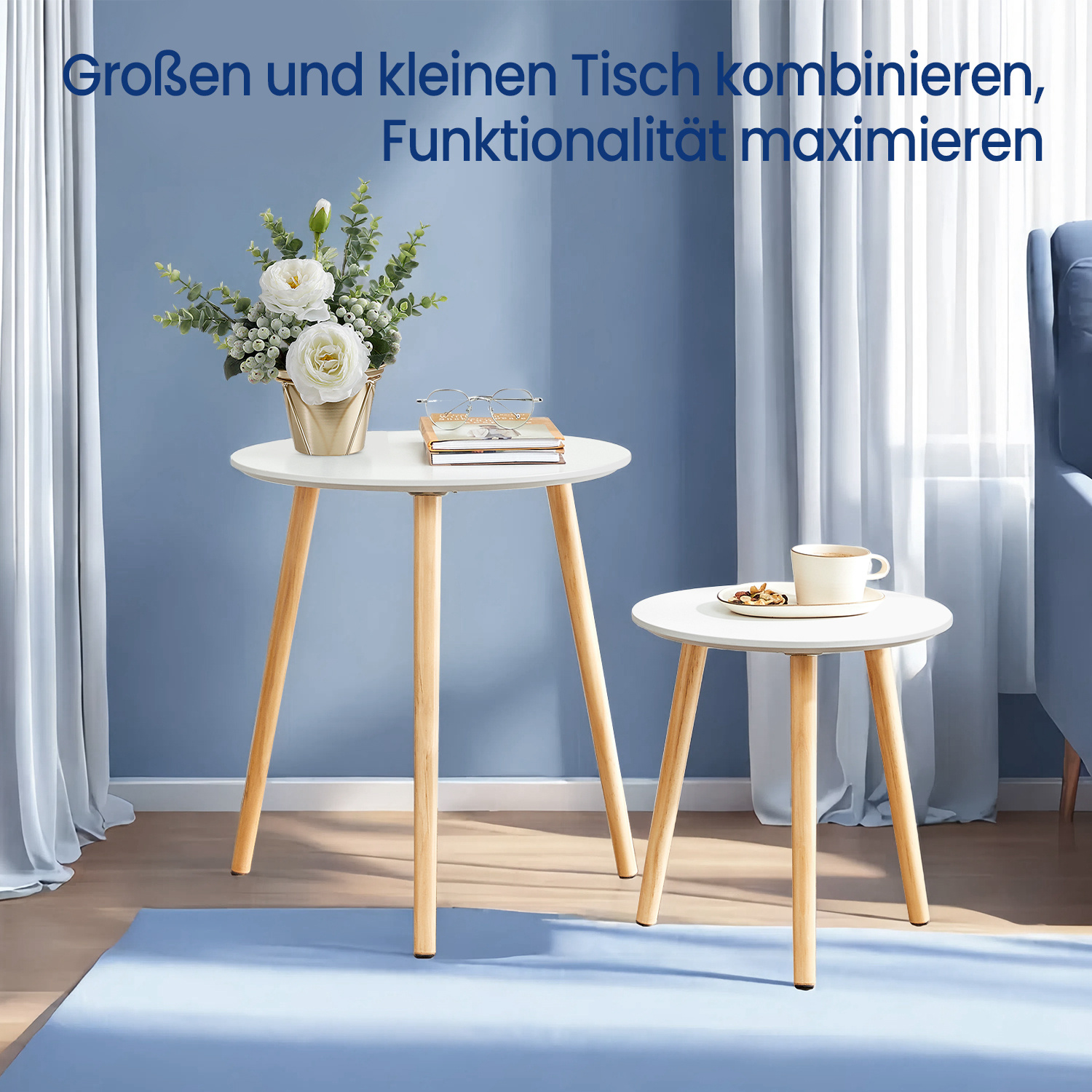 Round Side Table Set, 2 Modern Coffee Tables, Minimalist Scandinavian Style, With Legs, Solid Wood, For Living Room, White-natural