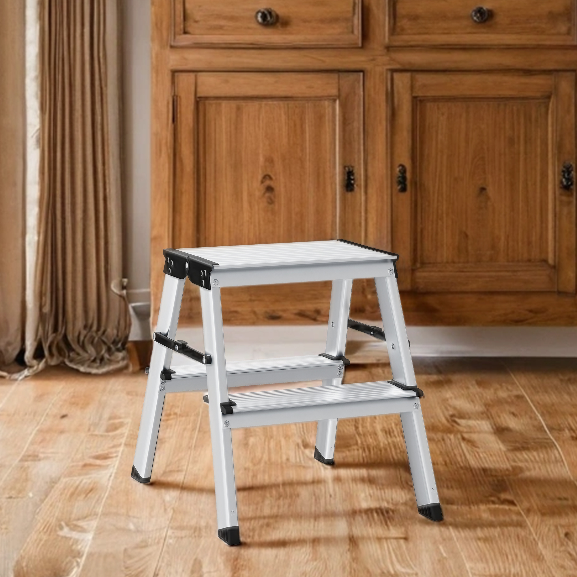 Image of Folding Step Ladder, Aluminum Ladder With 2 Non-slip Steps, Ladder, Foldable, Supports Up To 150 Kg, Silver-gray Ink Black