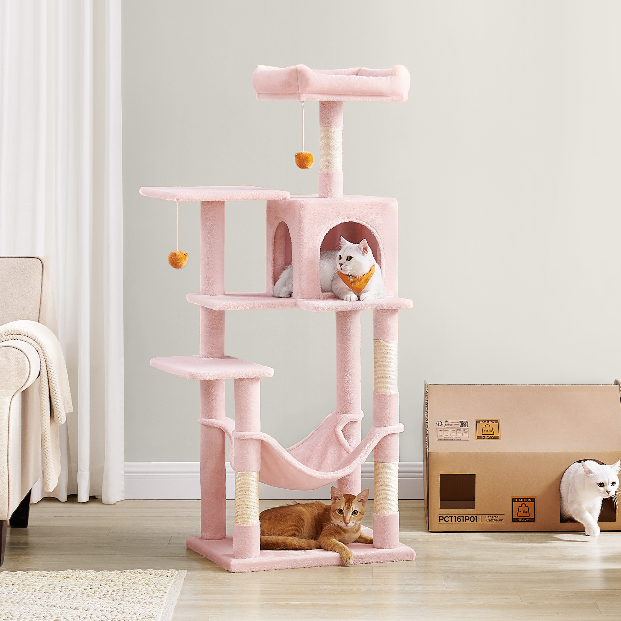 Image of Slim Cat Tower, 143 Cm Height With Hammock, Multiple Platforms, Claw Sharpener, 15 Kg Weight Capacity, Suitable For Large Cats, Natural Sisal Rope, Elegant Design