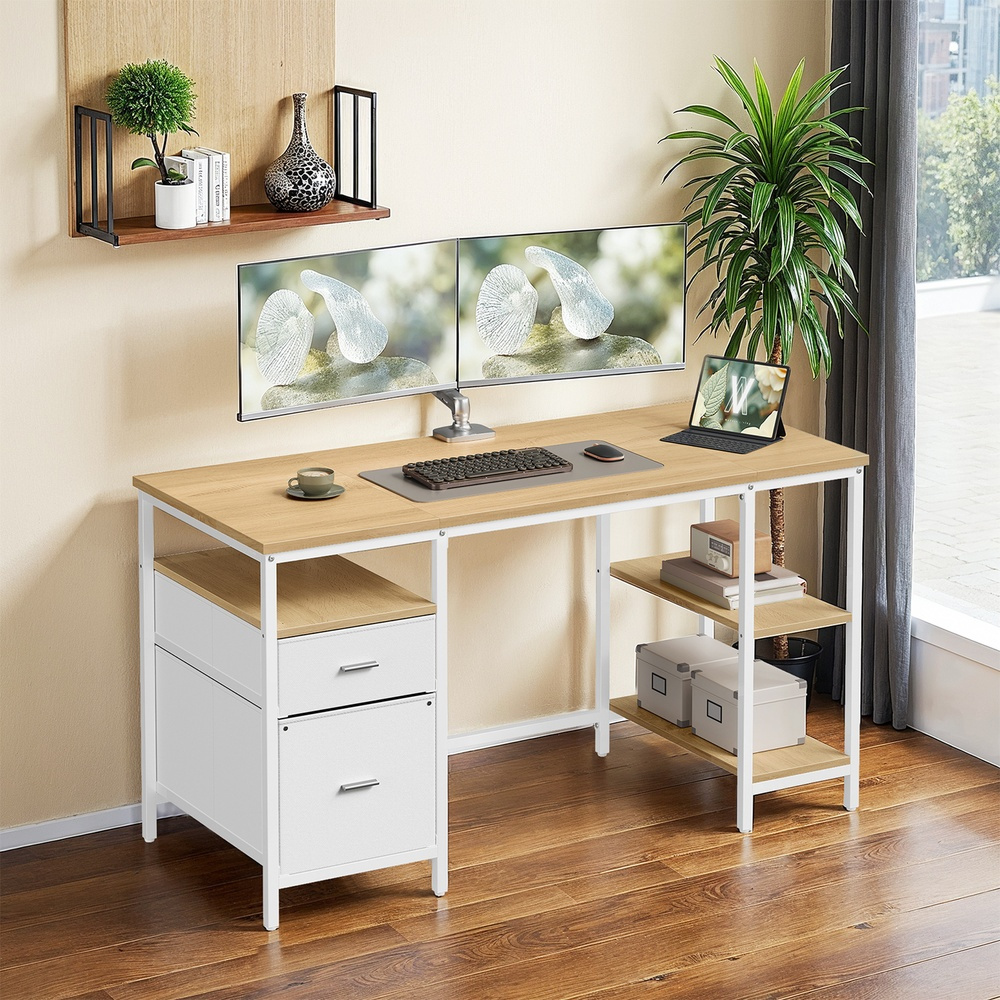 E-shop Schreibtisch, Computertisch, Bürotisch, mit 2 Schubladen, 3 Ablagen, 140 x 60 x 76 cm, fürs Wohnzimmer, Büro, Industrie-Stil,