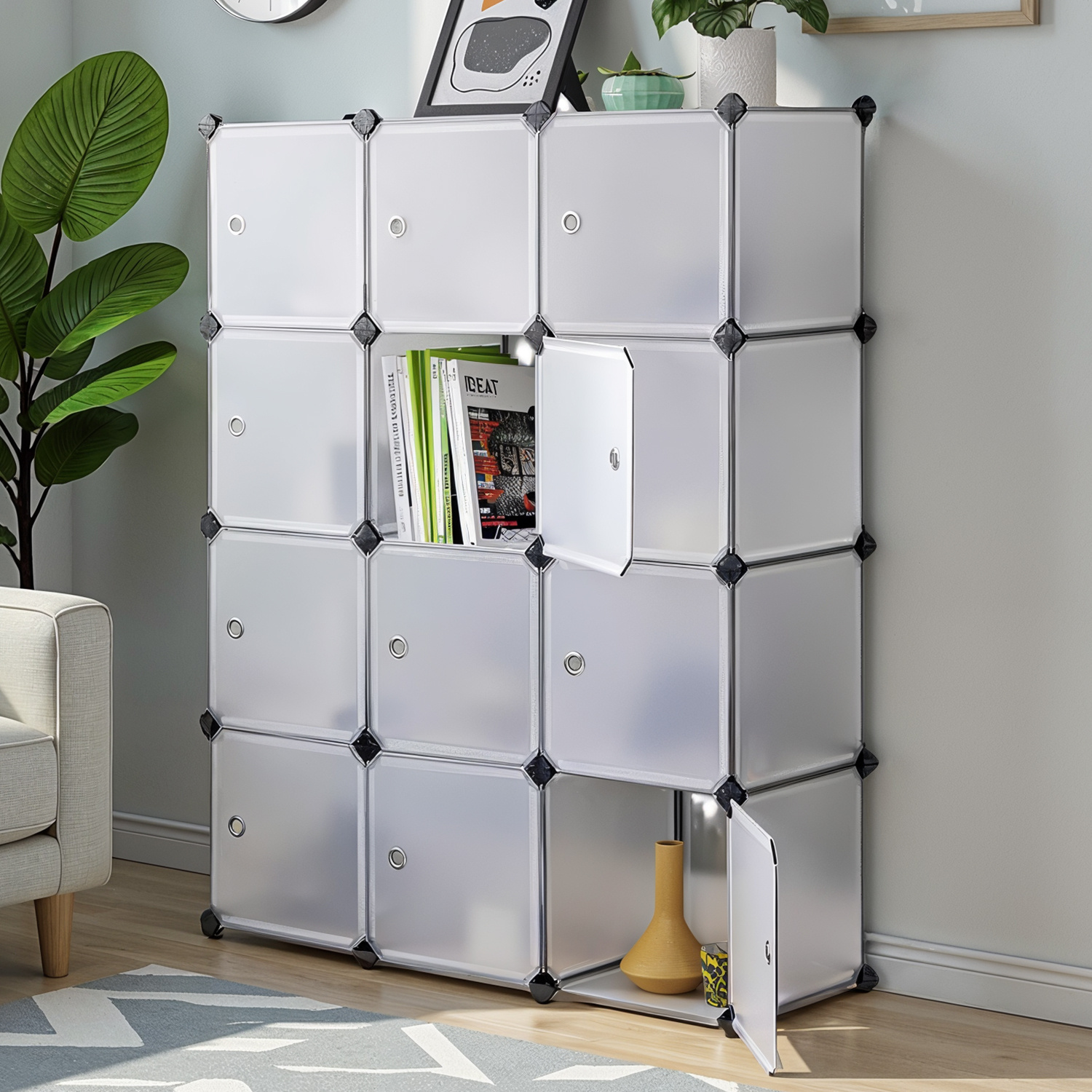 Shelving System, Shoe Rack With Doors, Set Of 12 Cubes, Plastic Wardrobe, Storage For Clothing, Shoes, And Books, White