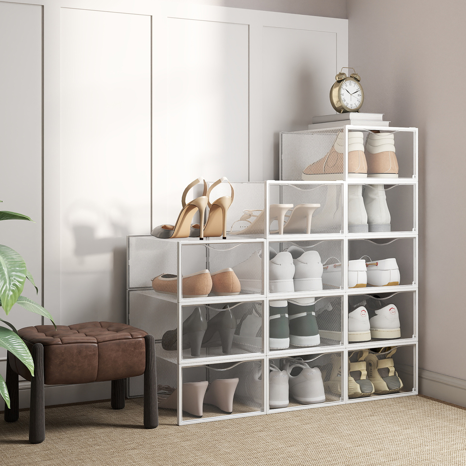 Visual Storage Boxes, 18pcs Set Of Plastic Shoe Boxes With Doors, Stackable, Durable, Suitable For Shoes Up To Size 43, 23.9 X 33.1 X 14.2 Cm, Transparent White.