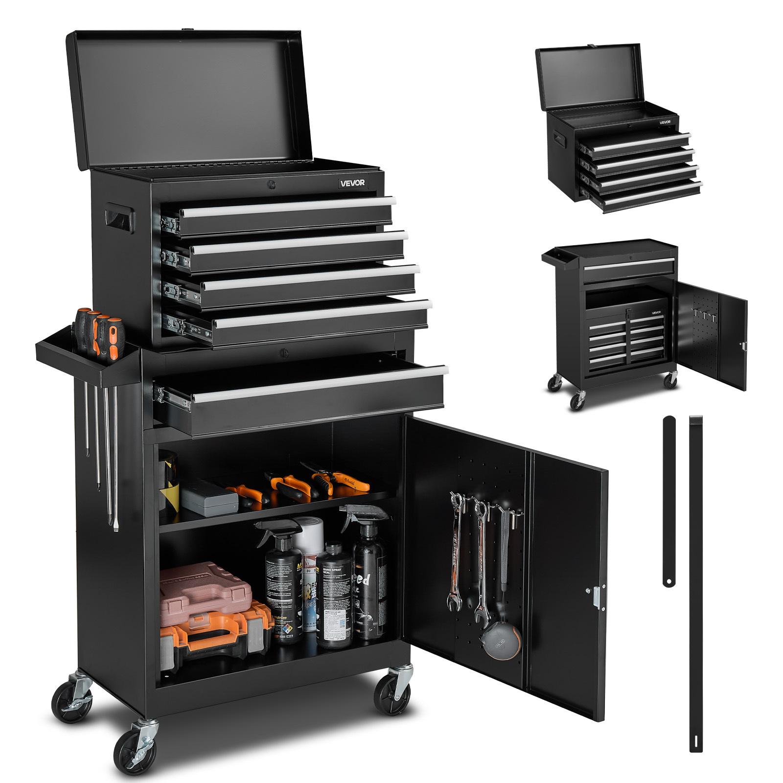 TEMU Coffre à Outils Roulant VEVOR, Design 2-en-1, 5 Tiroirs avec Boîte à Outils Détachable en Métal, Barre de Verrouillage, Doublure Protectrice et