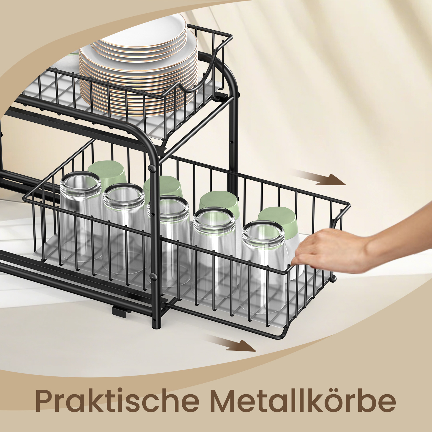 Image of Kitchen Organizer, Kitchen Shelf, Organization System, 2 Levels, Stackable, Expandable, With Metal Baskets, For Kitchen, Bathroom