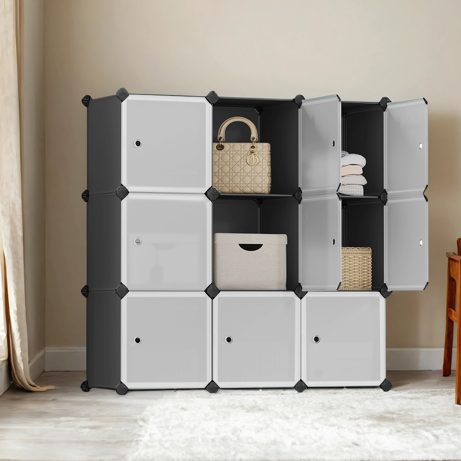 Shoe Rack, Shelving System With 9 Cubes, Plastic Wardrobe With Doors, Storage For Clothing, Shoes, Books, Plug-in Shelf, Black