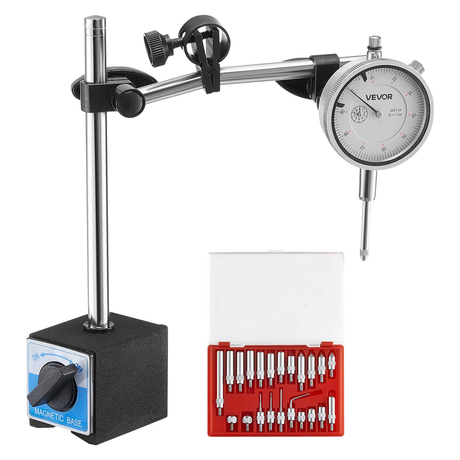 Image of Vevor Dial Test Indicator With Dual Rod Stand And Storage Case, Mm Accuracy, 0-25.4mm Range, Fine Adjustable Long Arm, Non-magnetic Centering Rods For Machine , Narrow Area Measurement