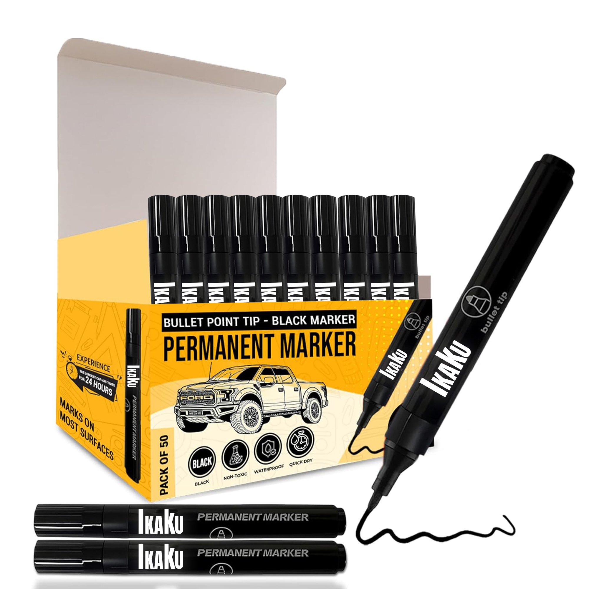 TEMU 50 Pack Black Permanent Markers – Fine Bullet Tip, Quick-drying Durable Ink For Plastic, Wood, Metal, Glass & More