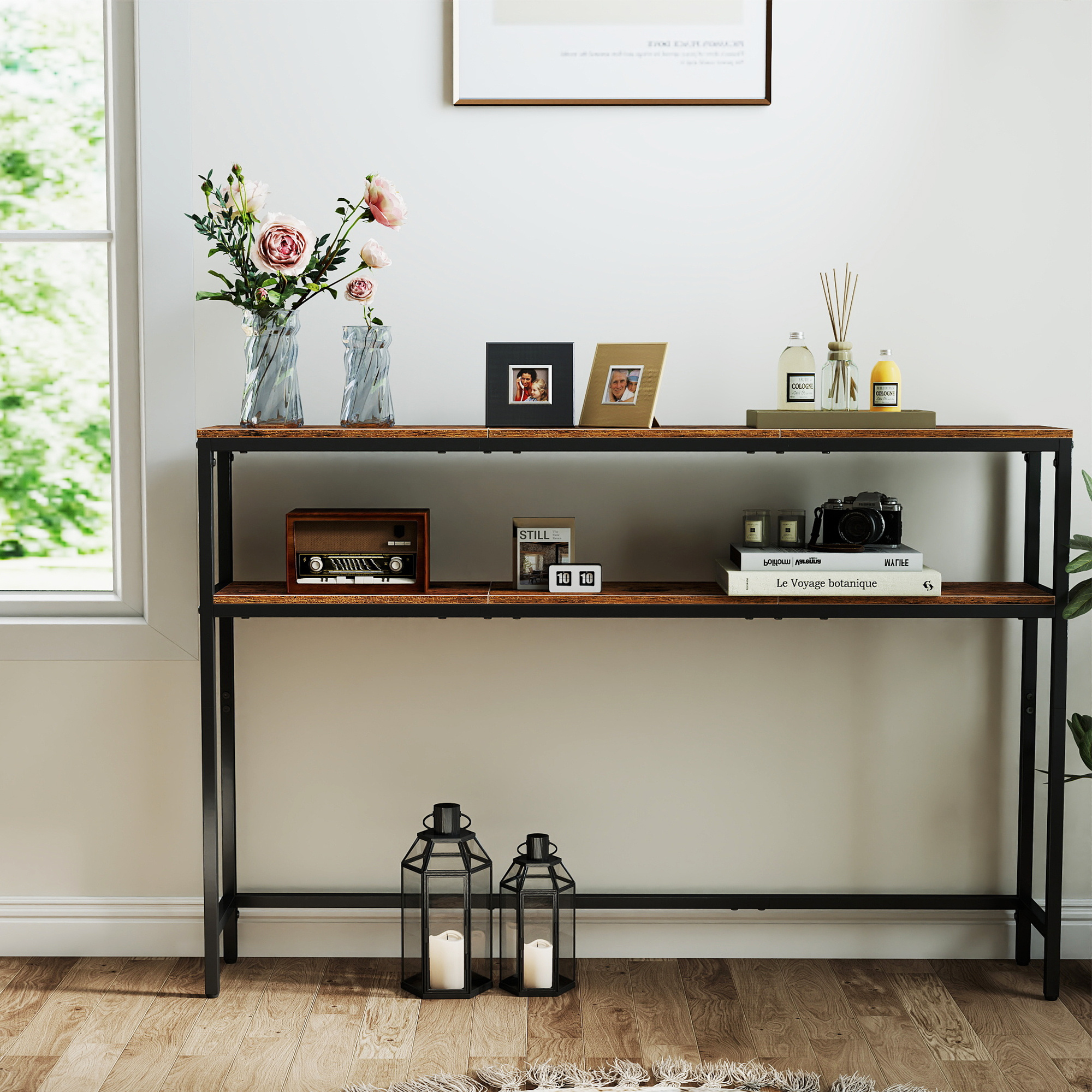 Image of Narrow Console Table With 2 Tiers (2 Shelves), Sofa Table, Hallway Table, 20 X 120 X 80 Cm, For Hallway, Living Room, Bedroom, -ink Black