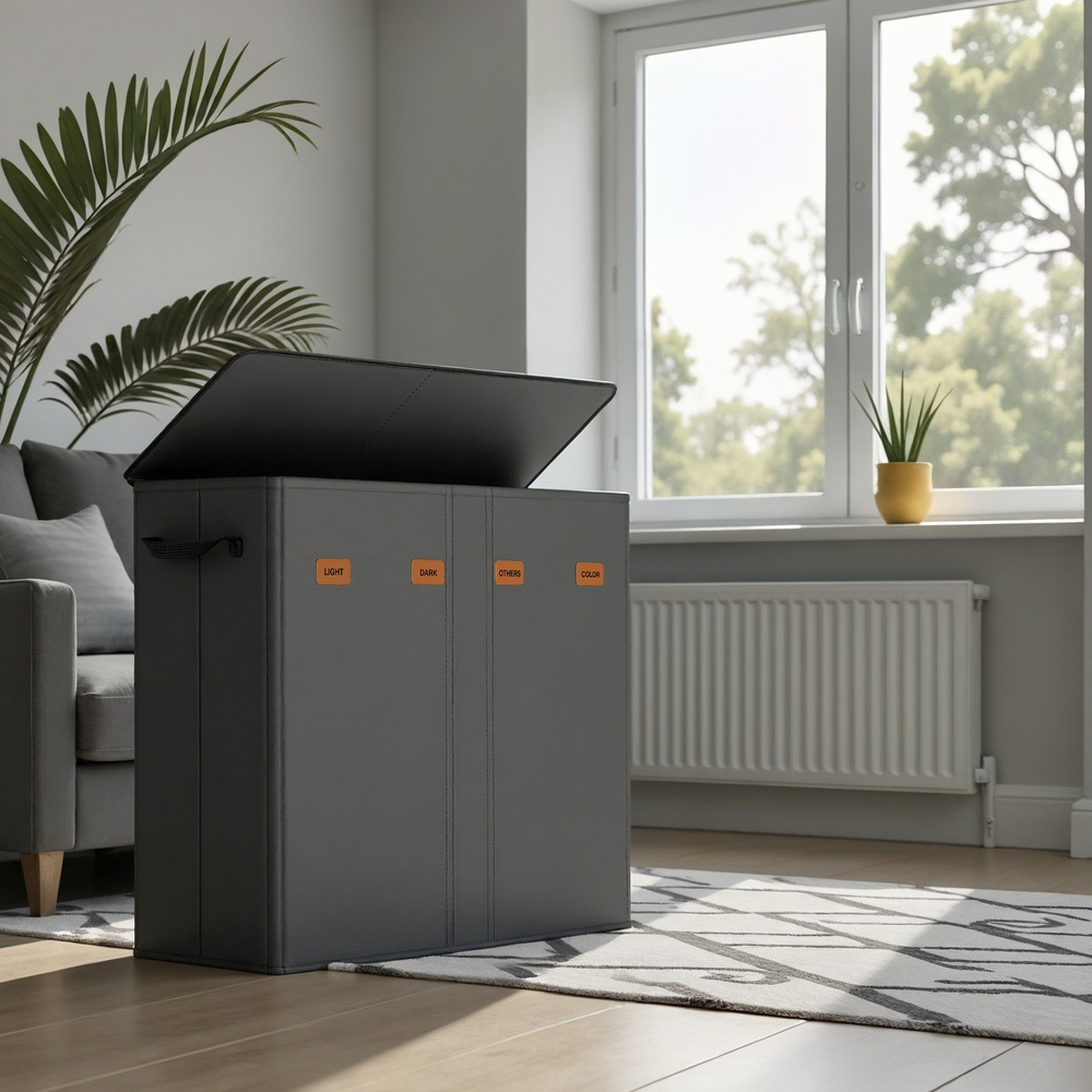 E-shop Wäschekorb aus Stoff, Aufbewahrungskorb, 210 Liter, 4-fach unterteilter Wäschekorb mit Deckel, Etiketten und herausnehmbarem Innenbeutel,