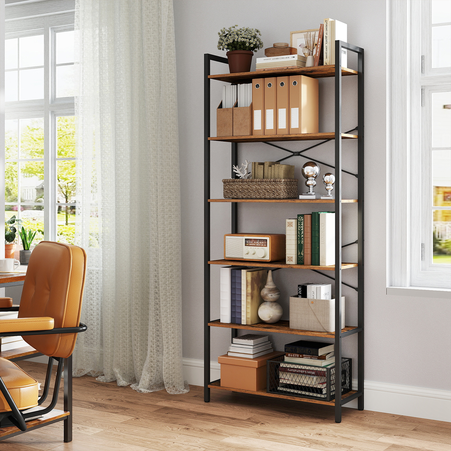 6-tier Bookshelf, Standing Shelf With , Freestanding Shelf, Living Room, Bedroom, Study, -black