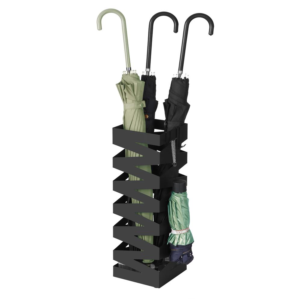 Metallic Square Umbrella Stand – With 4 Hooks And Removable Water Catch Tray, 20 X 20 X 49 Cm, Black