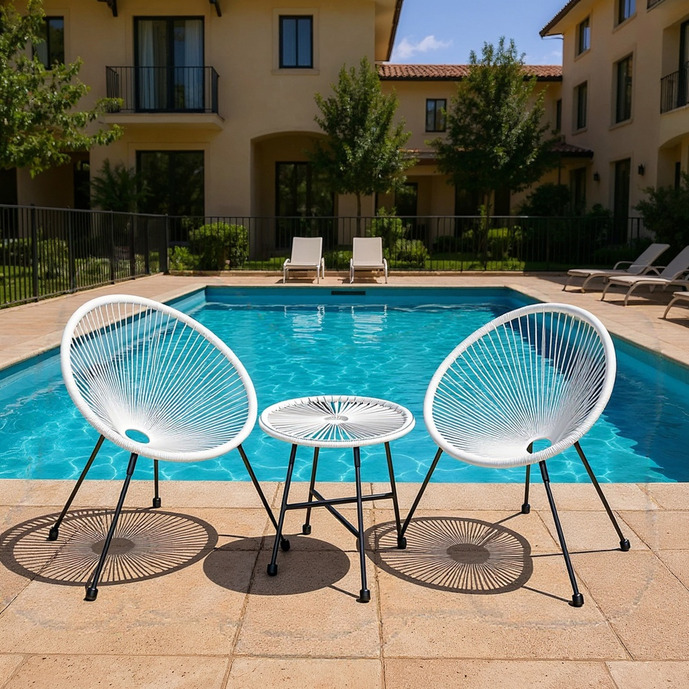 Balcony Furniture 3pcs Set, Garden Furniture Set, 2 Chairs, Patio Furniture, Glass Tabletop, Indoor And Outdoor Area, Terrace, Garden, Balcony, White/black