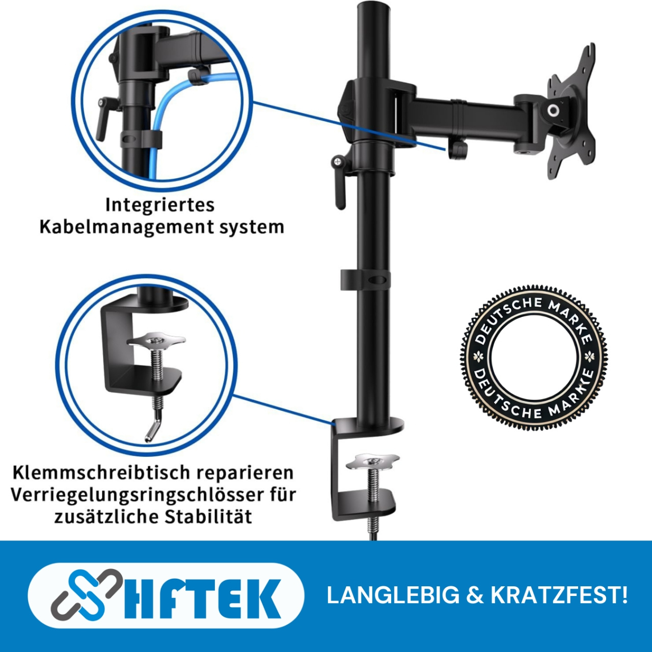 E-shop HFTEK Monitorhalterung – Platzsparender Schwenkarm für 13–34 Zoll Monitore, verstellbar in Höhe & Neigung, einfache Montage mit Tischklemme, bis