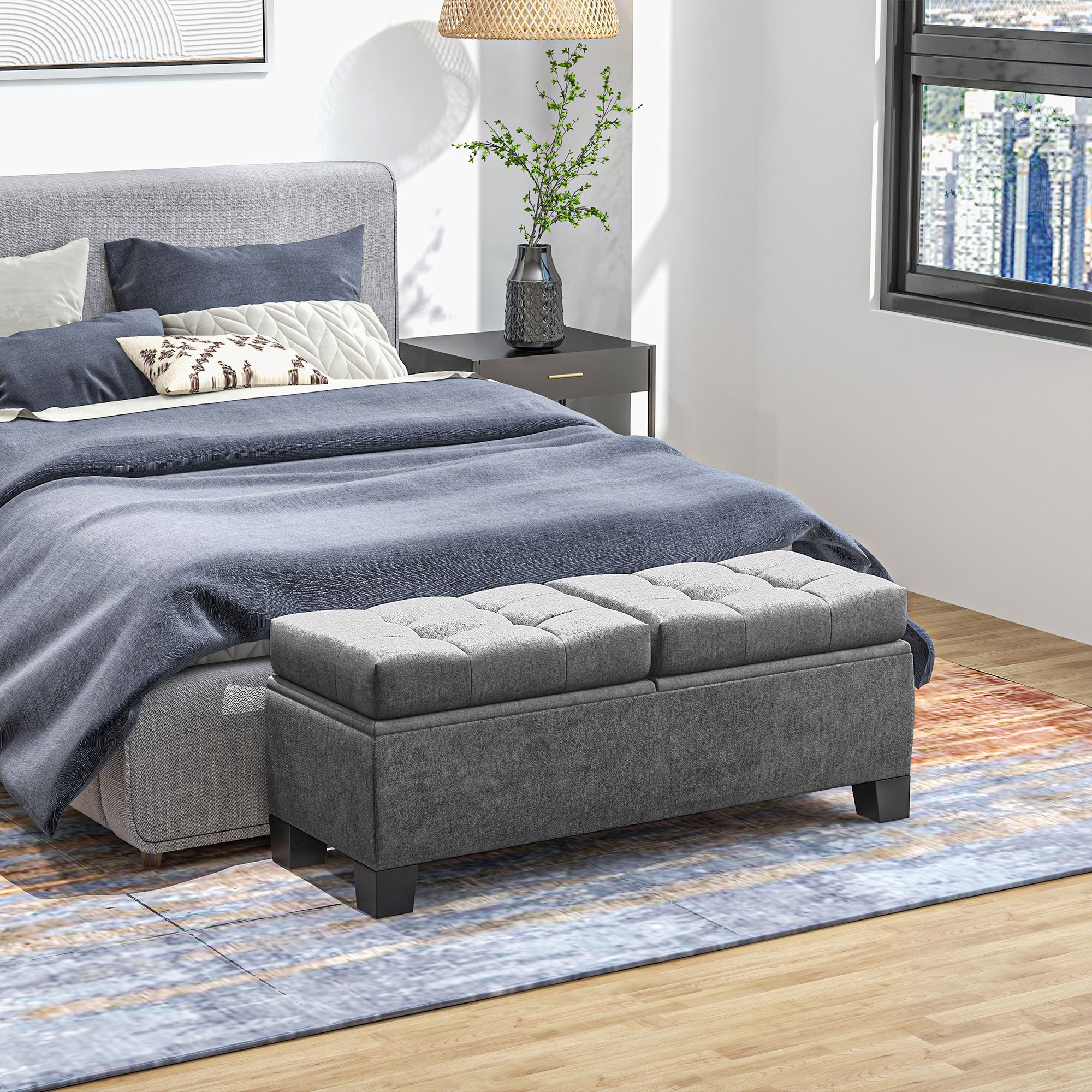 Image of With Storage, Upholstered With Linen Look, Padded Storage Box Up To 180kg Loadable, For Hallway, Bedroom, Living Room, 116x41x47 Cm, Grey