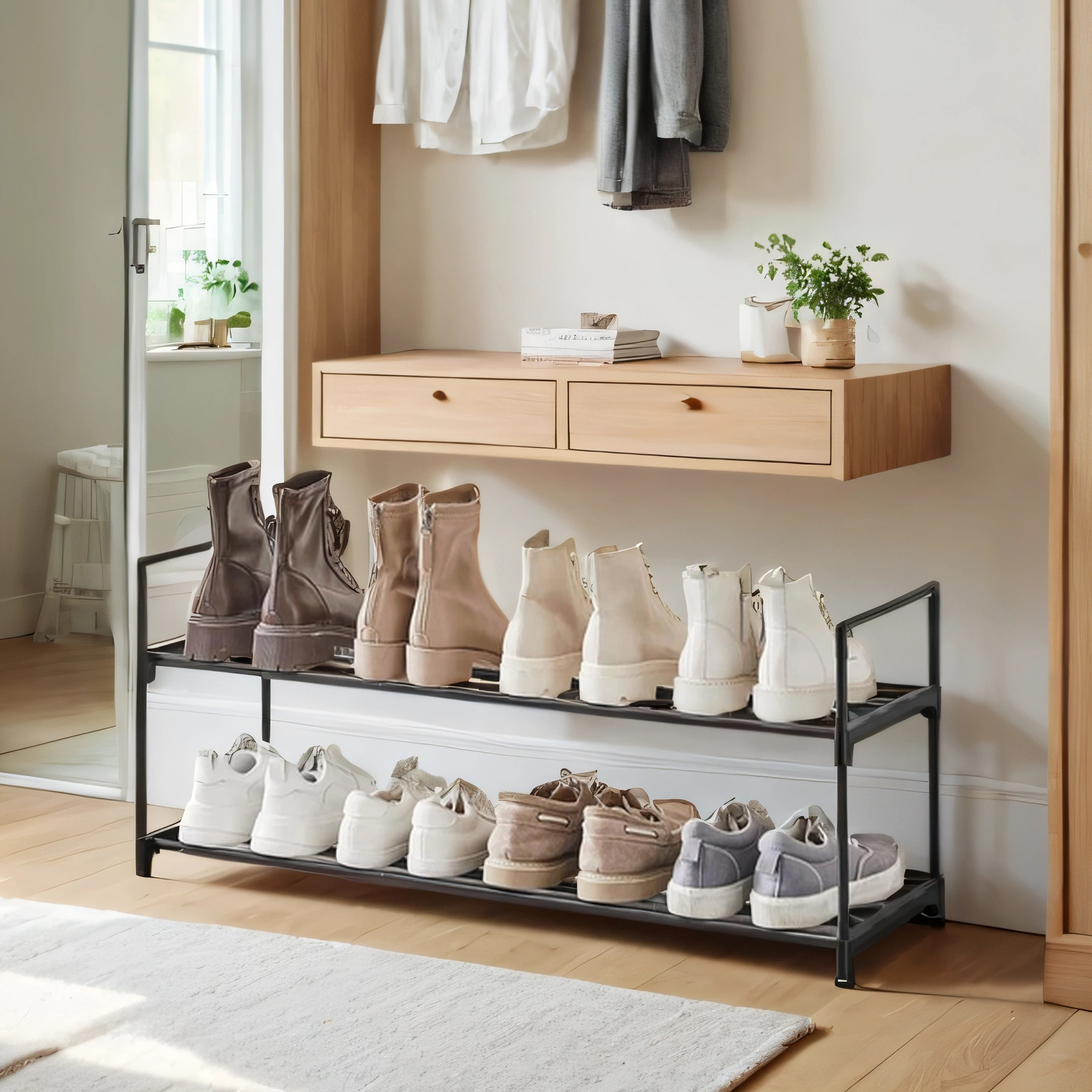 E-shop Einfaches Schuhregal，Schuhregal mit 2 Ebenen, Schuhaufbewahrung, Schuh-Organizer für 8 Paar Schuhe, stapelbar, 30 x 92 x , schwarz