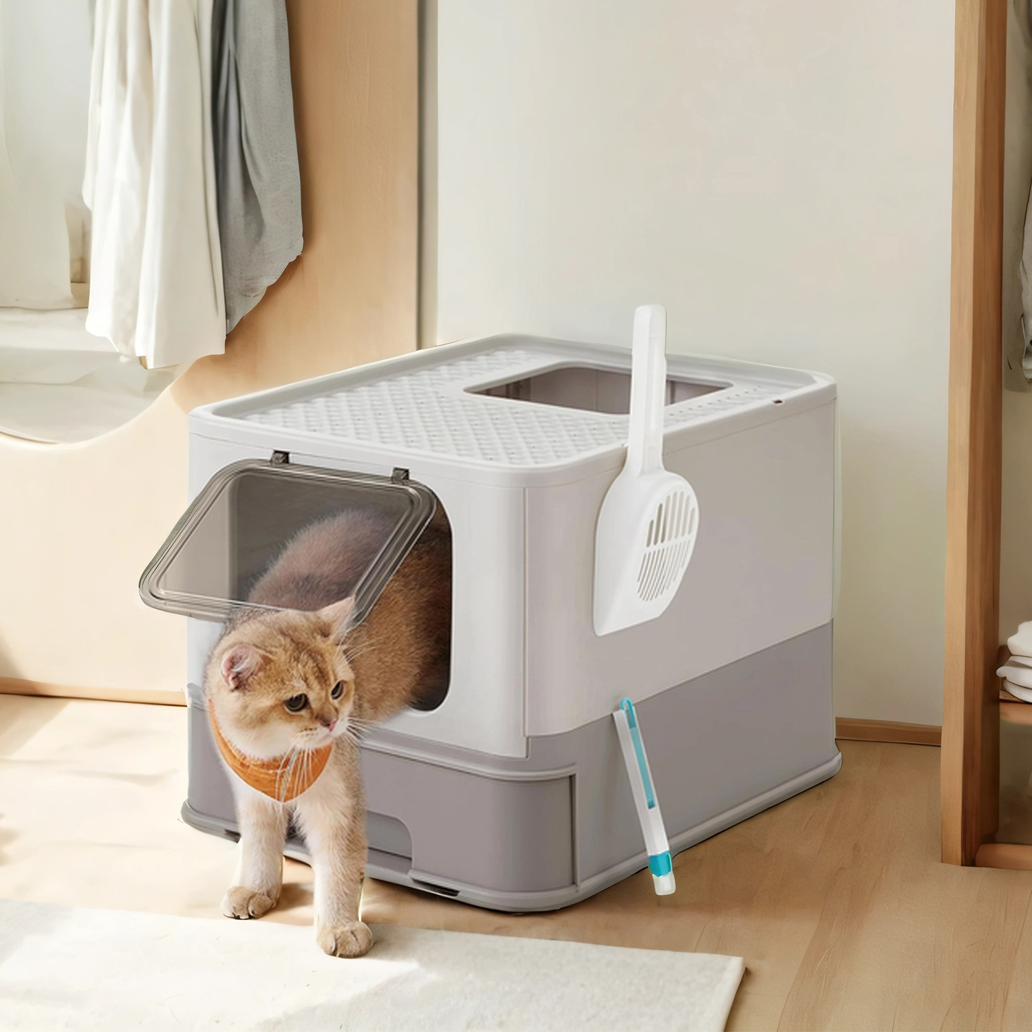 E-shop Katzenklo, Katzentoilette mit Deckel, ausziehbares Tablett, weniger , auslaufsicherer Boden, haferflockenfarben-grau