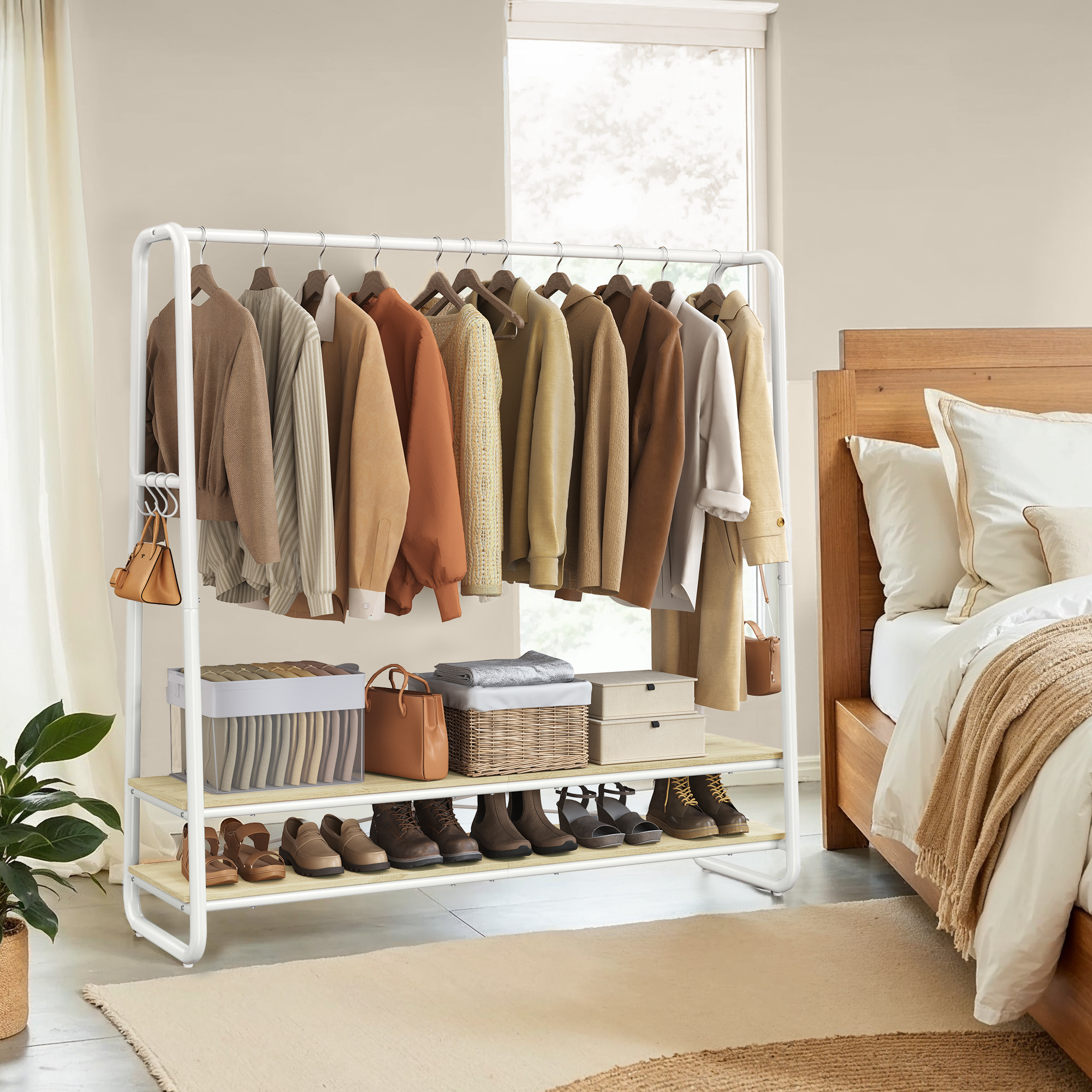 Image of Clothes Rack, Single Rod Hanger, 1 Shelf, 6 Hooks, , 138 X 45 X 160 Cm, Suitable For Bedrooms And Walk-in Closets, Matt White, Latte Brown