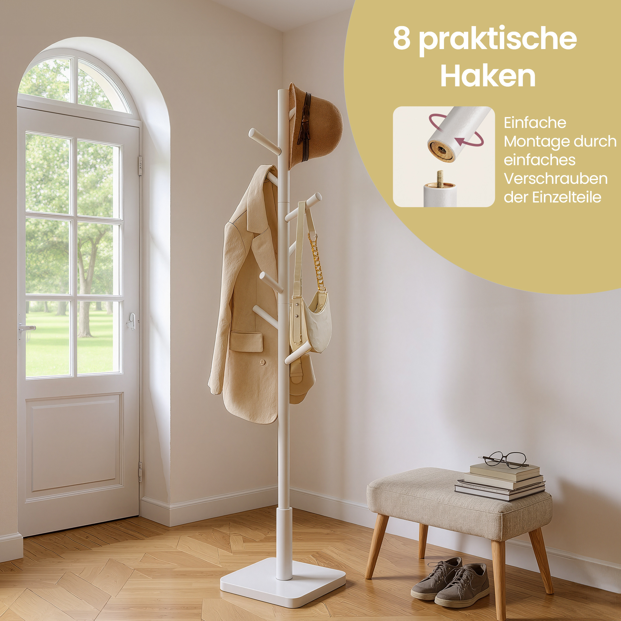 Image of Clothes Racks, Solid Wood Wardrobes, 8 Hooks For Hanging Clothing Items, Suitable For Bedrooms, , Wardrobes, Hooks And Rods Made Of Rubberwood, Cappuccino Beige.