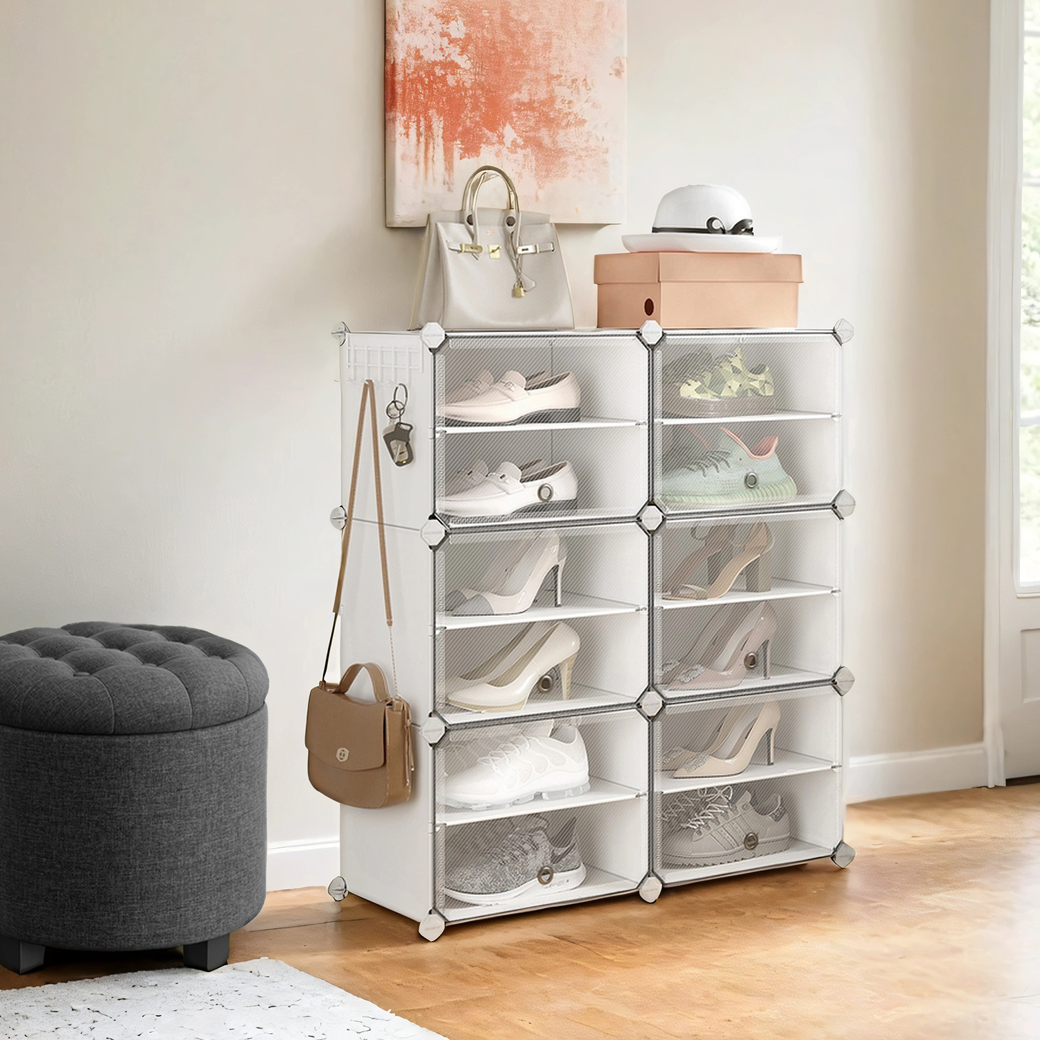 Shoe Rack With 6 Compartments, Shoe Cabinet, 30 X 40 X 30 Cm Per Compartment, Narrow, With Doors, , Plastic, White.