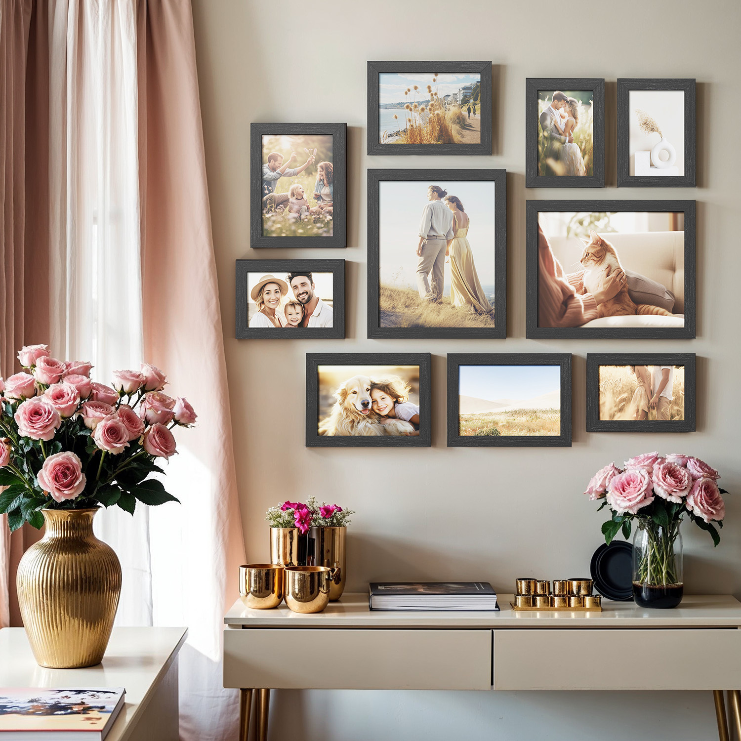 Image of 10 Picture Frames, Holds 2 Photos In 20 X 25 Cm, 4 Photos In 13 X 18 Cm, 4 Photos In 10 X 15 Cm, Plastic Panel, Mdf, Black