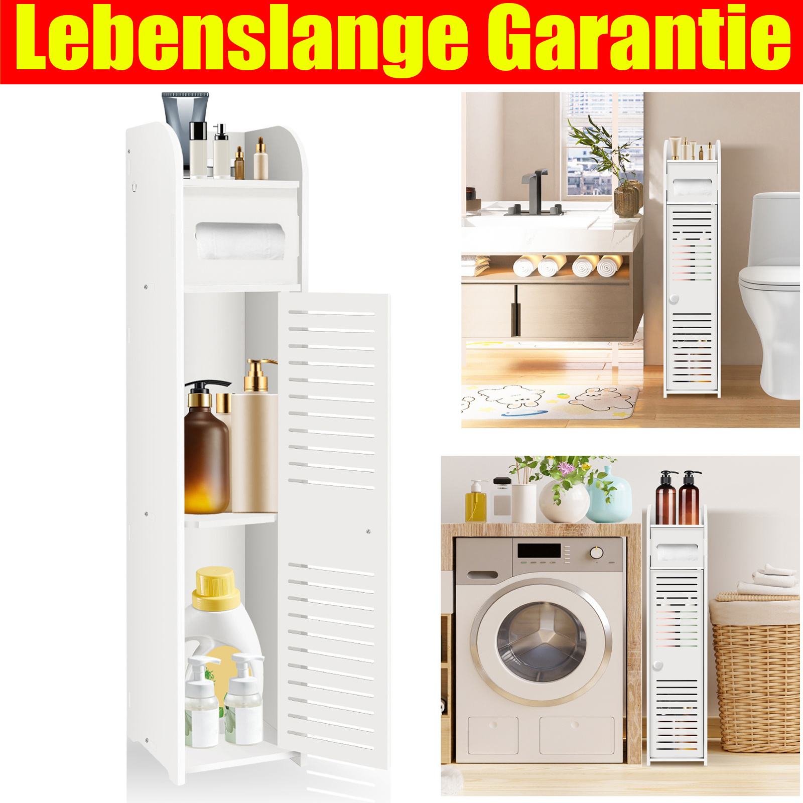E-shop Badezimmer Weiß Holz Freistehend Toilettenpapierhalterung für den Boden, Schrank für Schlafzimmer, Aufbewahrungsschrank mit Türen und Regalen,