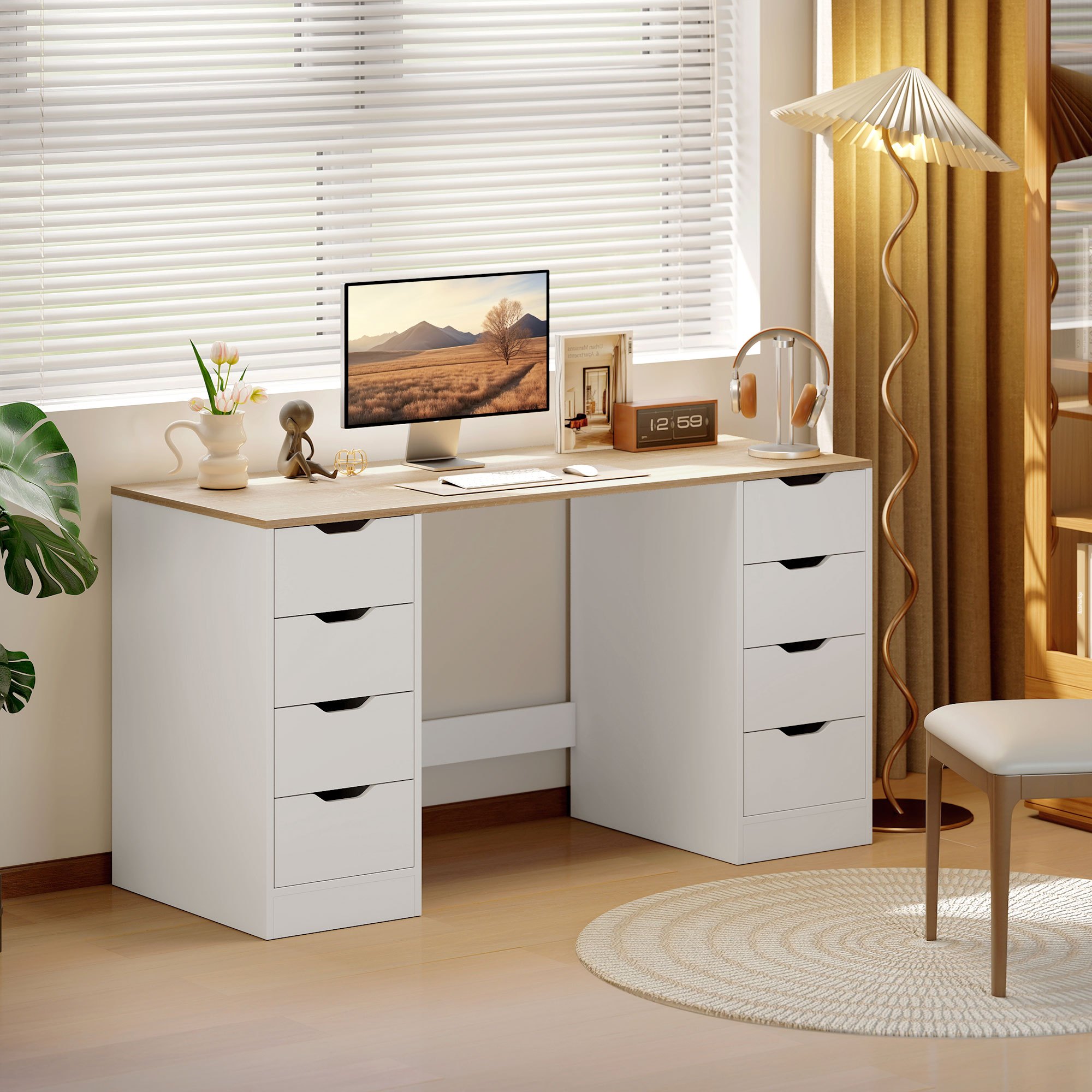 Modern White Office Desk With 8 Drawers, 140 X 53 X 75 Cm, Computer Desk For Office Or Living Room