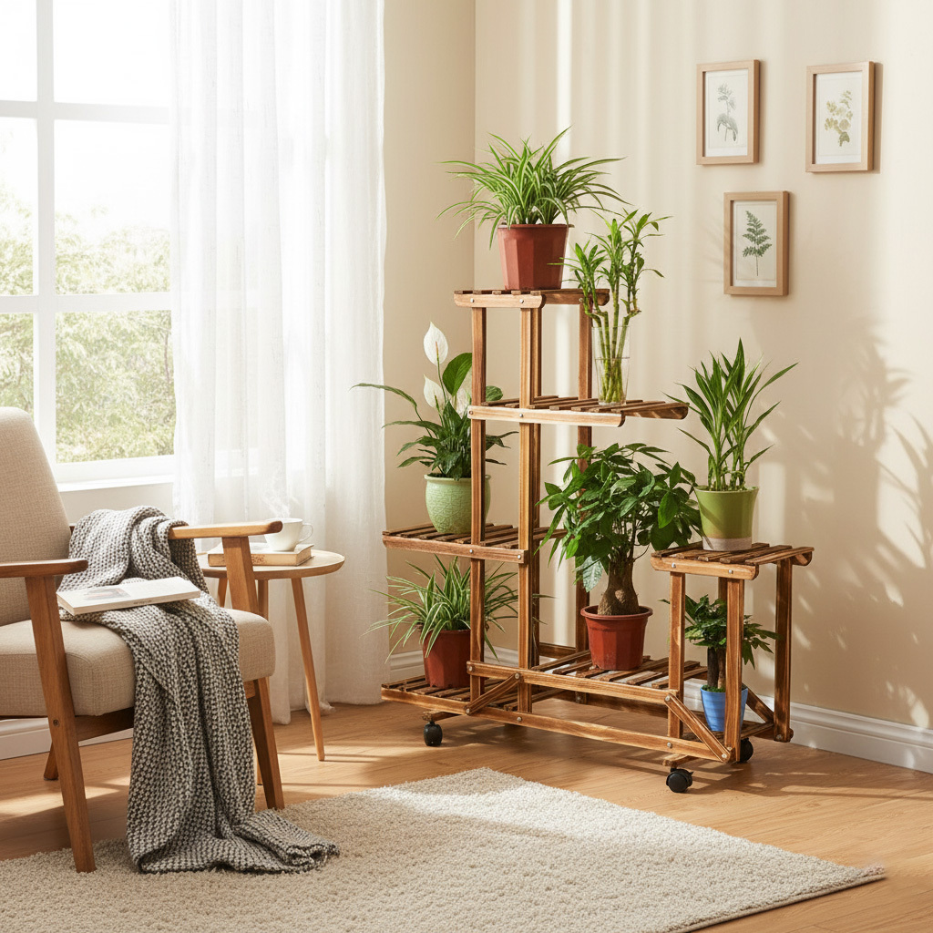 Image of Rolling Wooden Plant Stand - Multi-tier Rolling Wooden Flower Pot Holder With Wheels, Pine , Large Capacity For Home Garden Patio Display