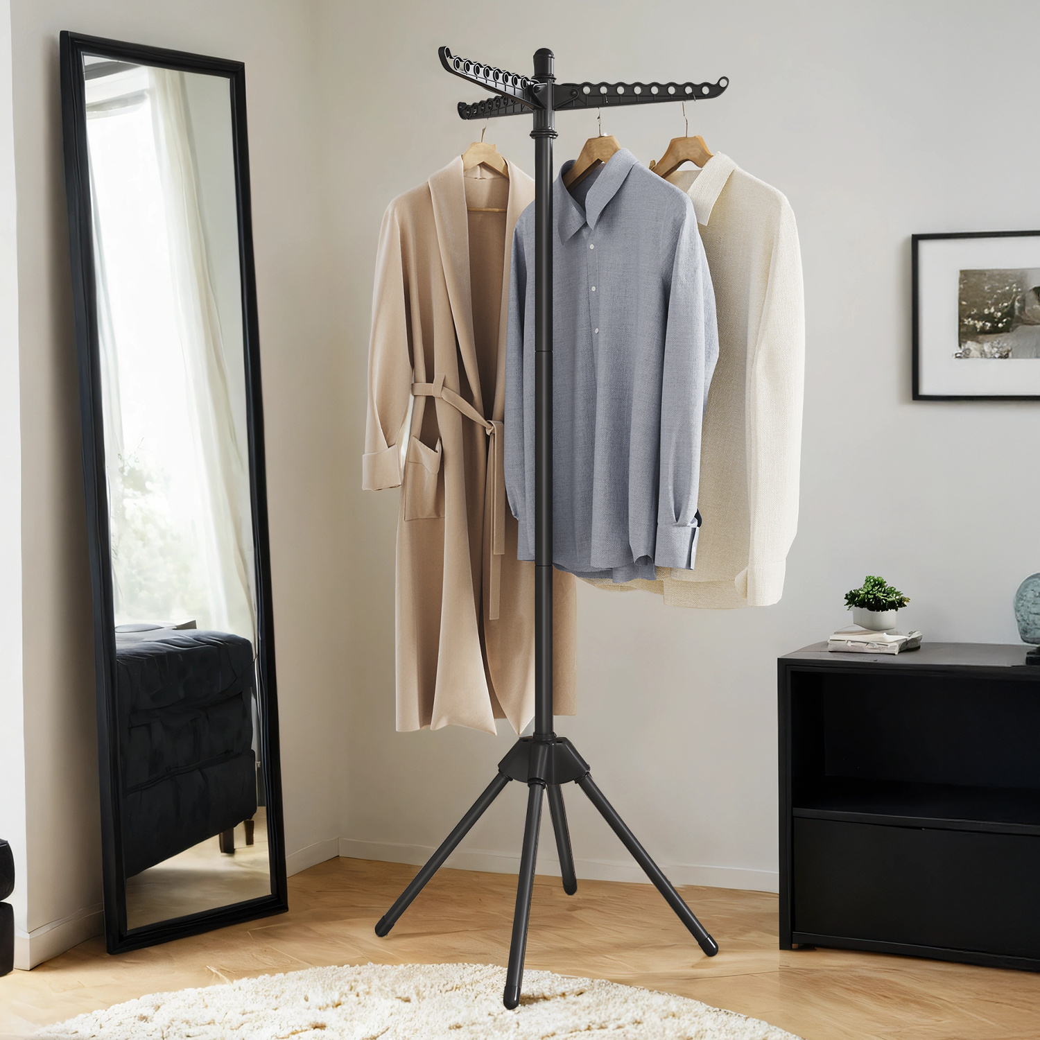 E-shop Edelstahl Wäscheständer mit 360° Dreharmen | Platzsparender Standtrockner für Balkon & ,für Kleidung und Socken,150 cm hoch, schwarz /Blau +