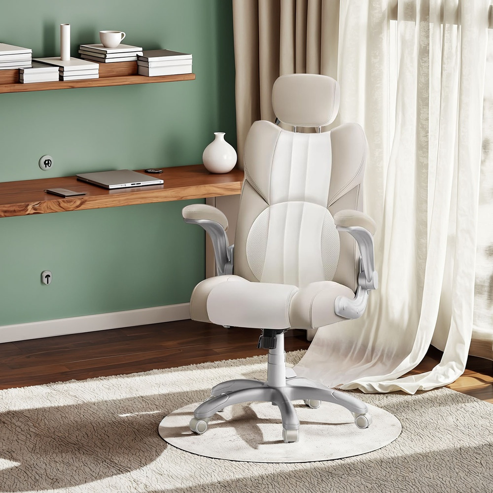 Gaming Chair, Desk Chair, Office Chair With Rocking Function, Adjustable Armrests, Adjustable Headrest, Universal Wheels, Height-adjustable, Cream White