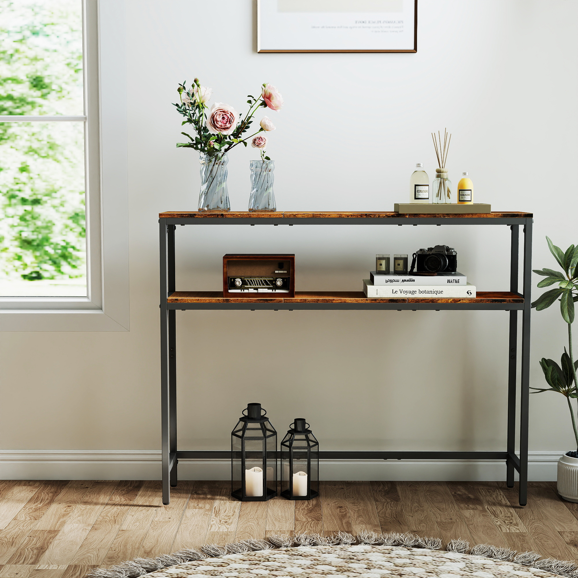 Image of Narrow Console Table With 2 Tiers (2 Shelves), Sofa Table, Hallway Table, 20 X 100 X 80 Cm, For Hallway, Living Room, Bedroom