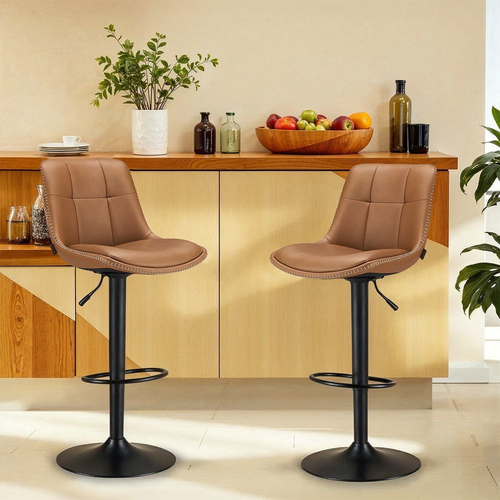 Height-adjustable Bar Stool Set With Backrest And Footrest, Two-part Swivel Kitchen Stool With Quilted Pu Fabric Stool, Caramel Brown.