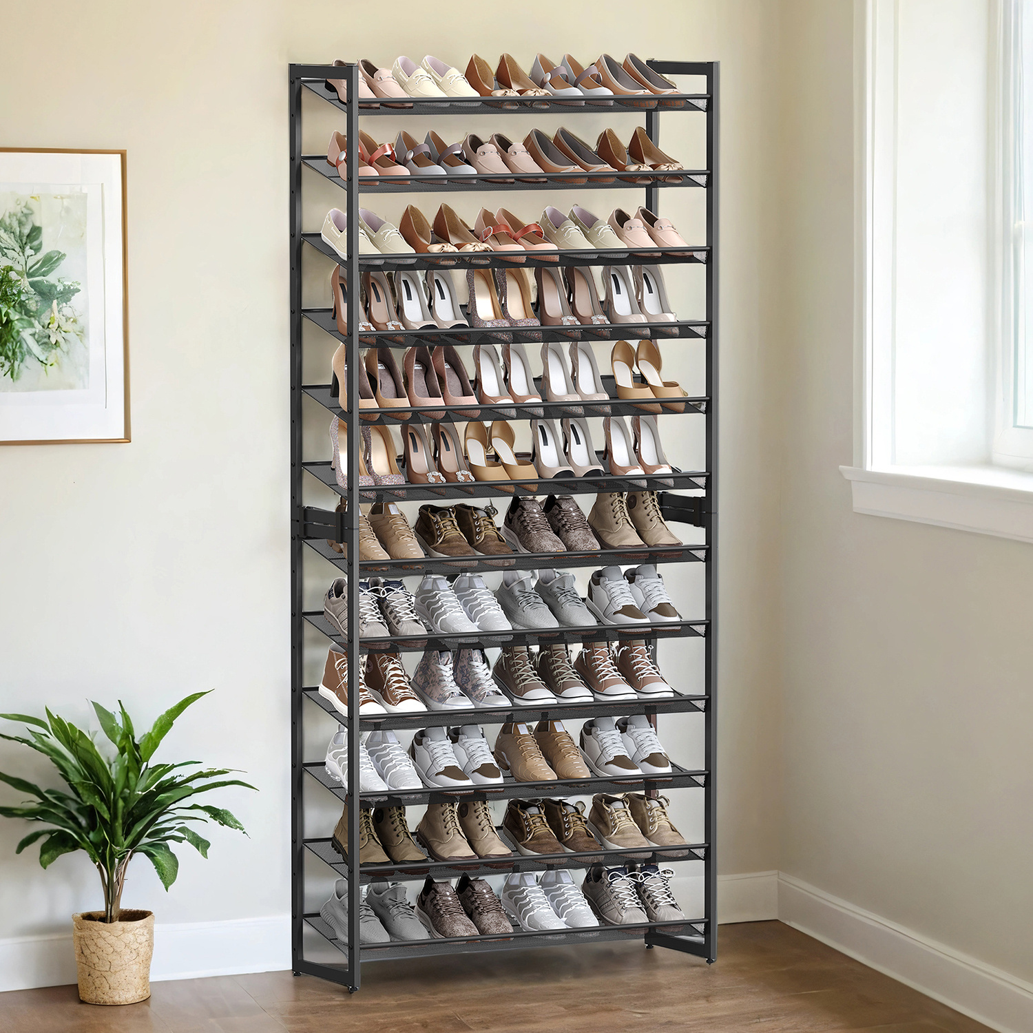 Image of 12-tier Shoe Rack Made Of 2 Stackable 6-tiered Shelves, Shoe Organizer For 48 To 60 Pairs Of Shoes, Adjustable Grid Shelves, Mounted Flat Or At An Angle, Black