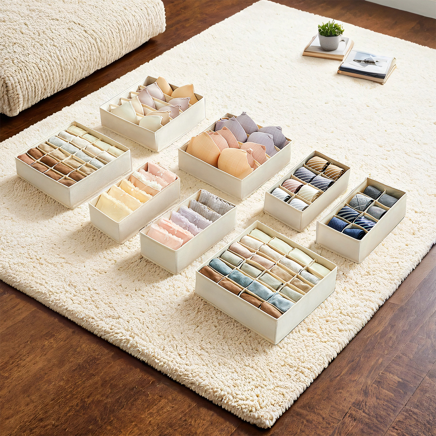 Image of 8 Underwear Organizers, Foldable Design, Drawer Organizer, Storage Box, Fabric Boxes, For Bras Socks Ties, Beige