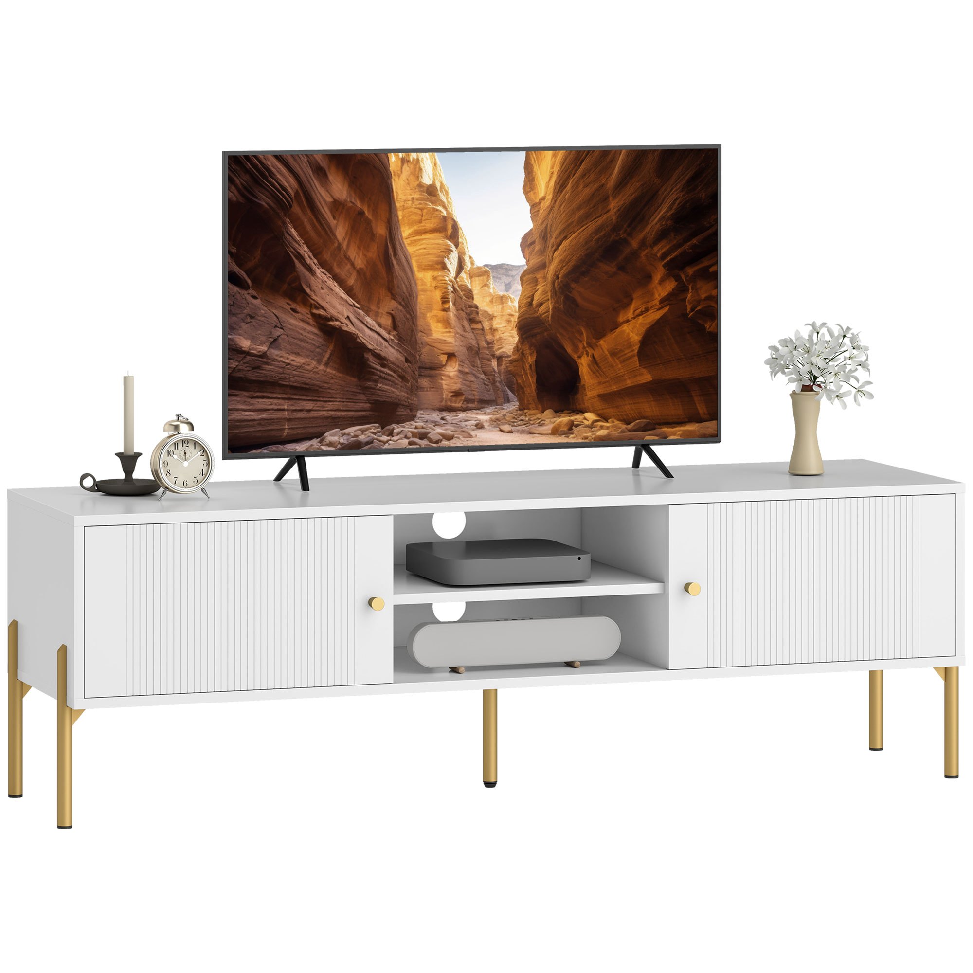 TEMU Mueble de TV Moderno de , Mesa TV para Salón con 2 Estantes Abiertos Ajustables, Orificios Pasacables, Patas de Acero, para Televisión 65
