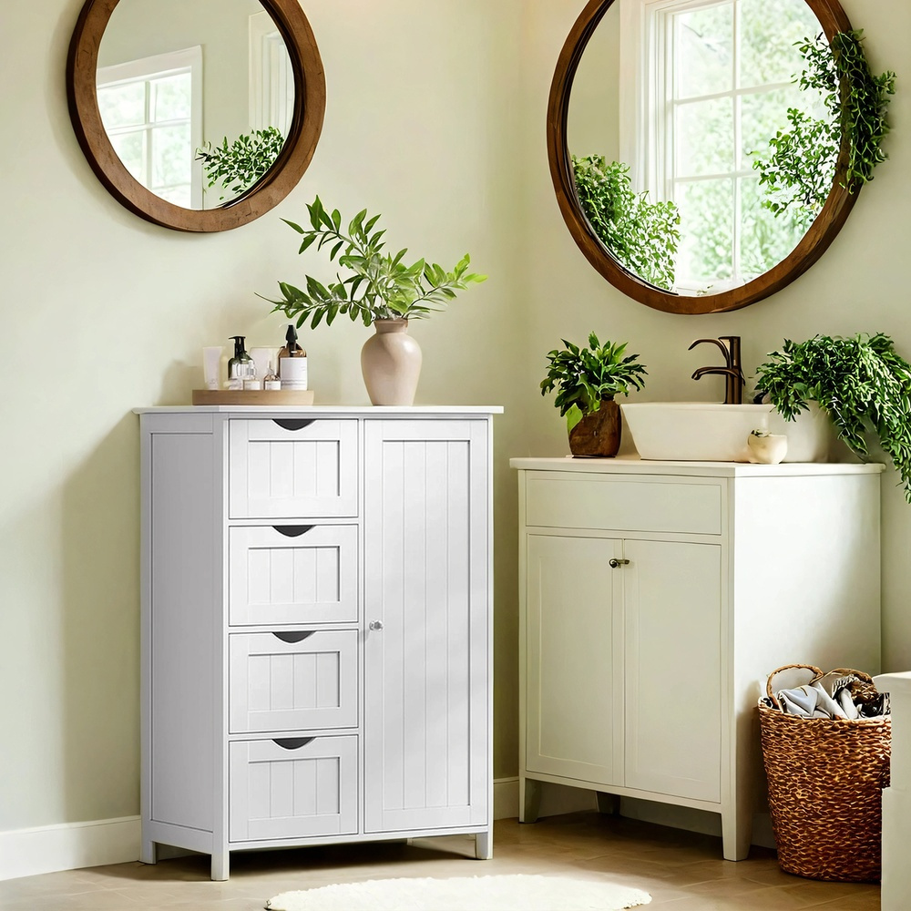Image of Bathroom Cabinet, Narrow Bathroom Cabinet, Side Cabinet, Dresser, 4 Drawers, Cabinet Door, Adjustable Shelf, White