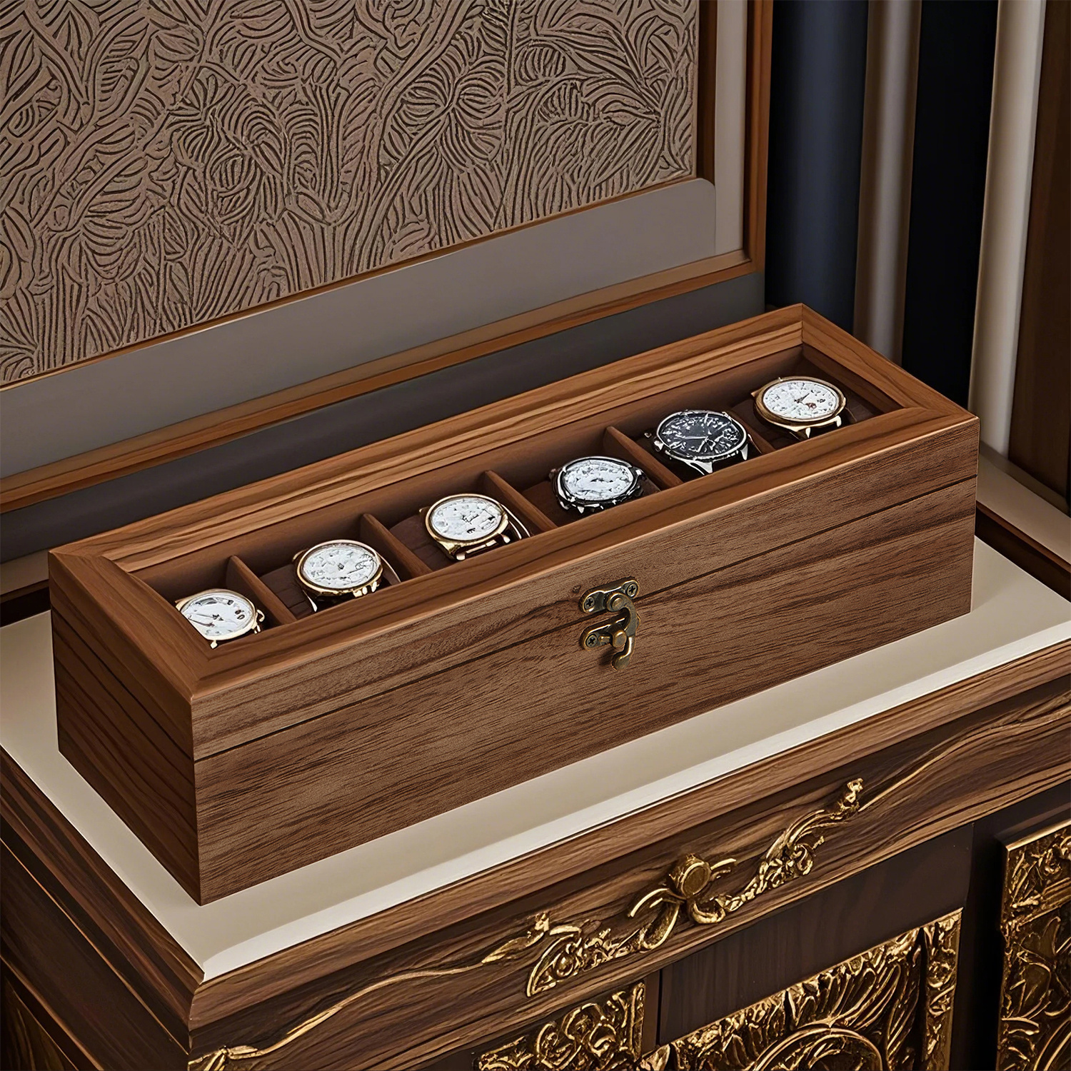 Watch Box With 6 Compartments, Solid Wood Watch Case With Glass Lid, Watch Cushion, Gift For Your , Walnut Color