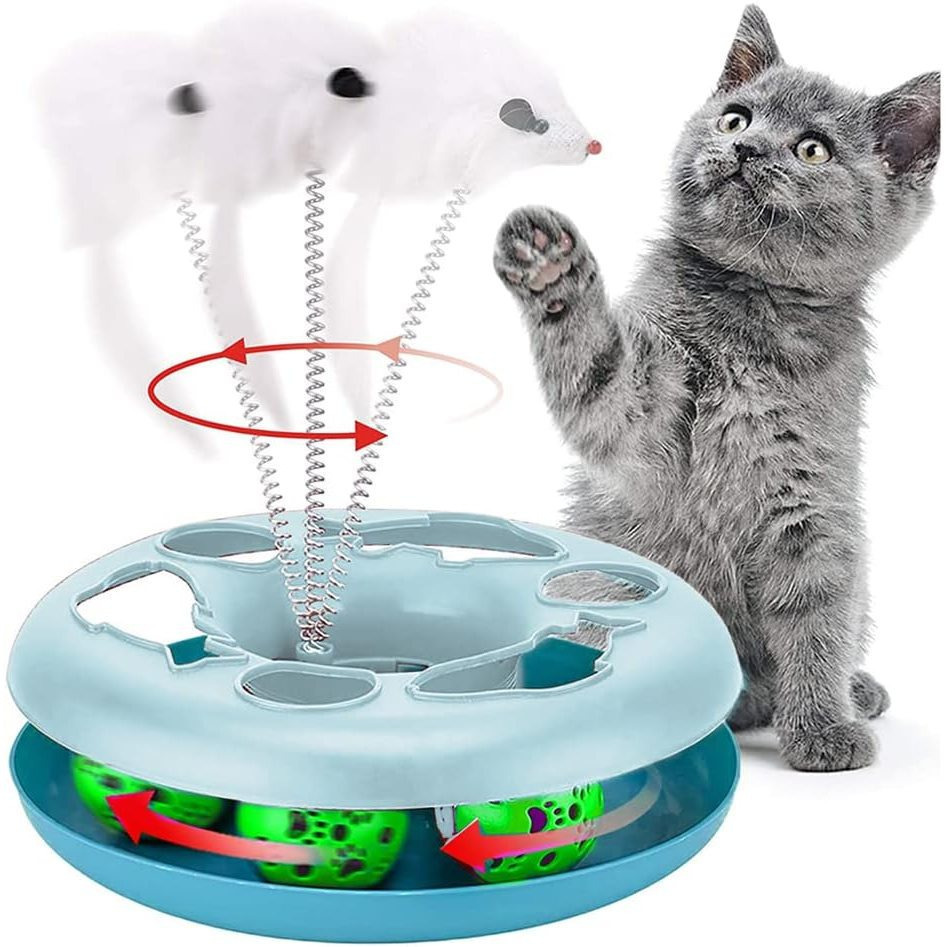TEMU Circuit de Jeu pour Chat, Jouet interactif d'intérieur avec Souris et balles pour Chat Coloris Bleu - Diamètre 25 x Hauteur 7 cm