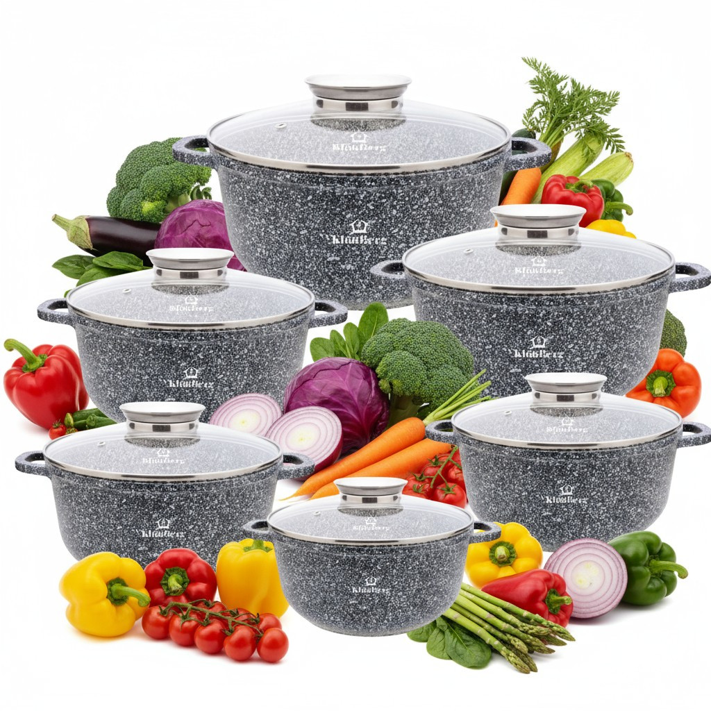 Klönberg 12pcs Pot Set | With Marbled Coating | Cooking Pot | With Lid | Coating | Induction | Ideal As A Gift | For All Stove Types | Kb4068
